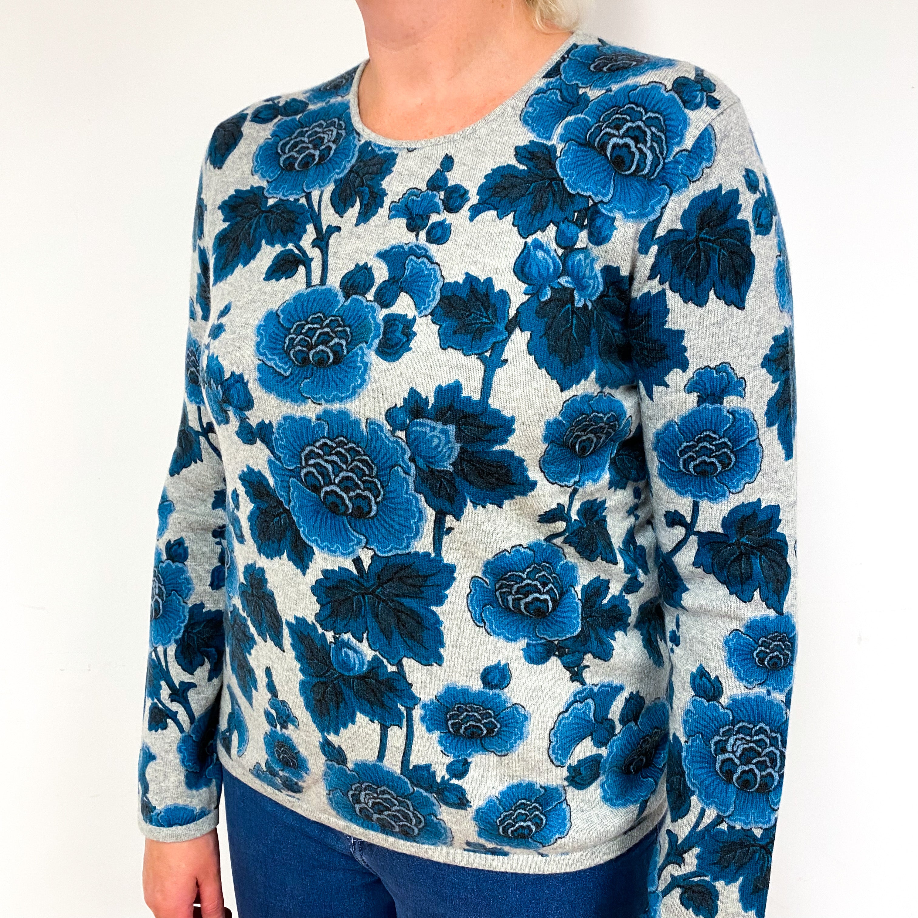 Grey Teal Floral Cashmere Crew Neck Jumper Large