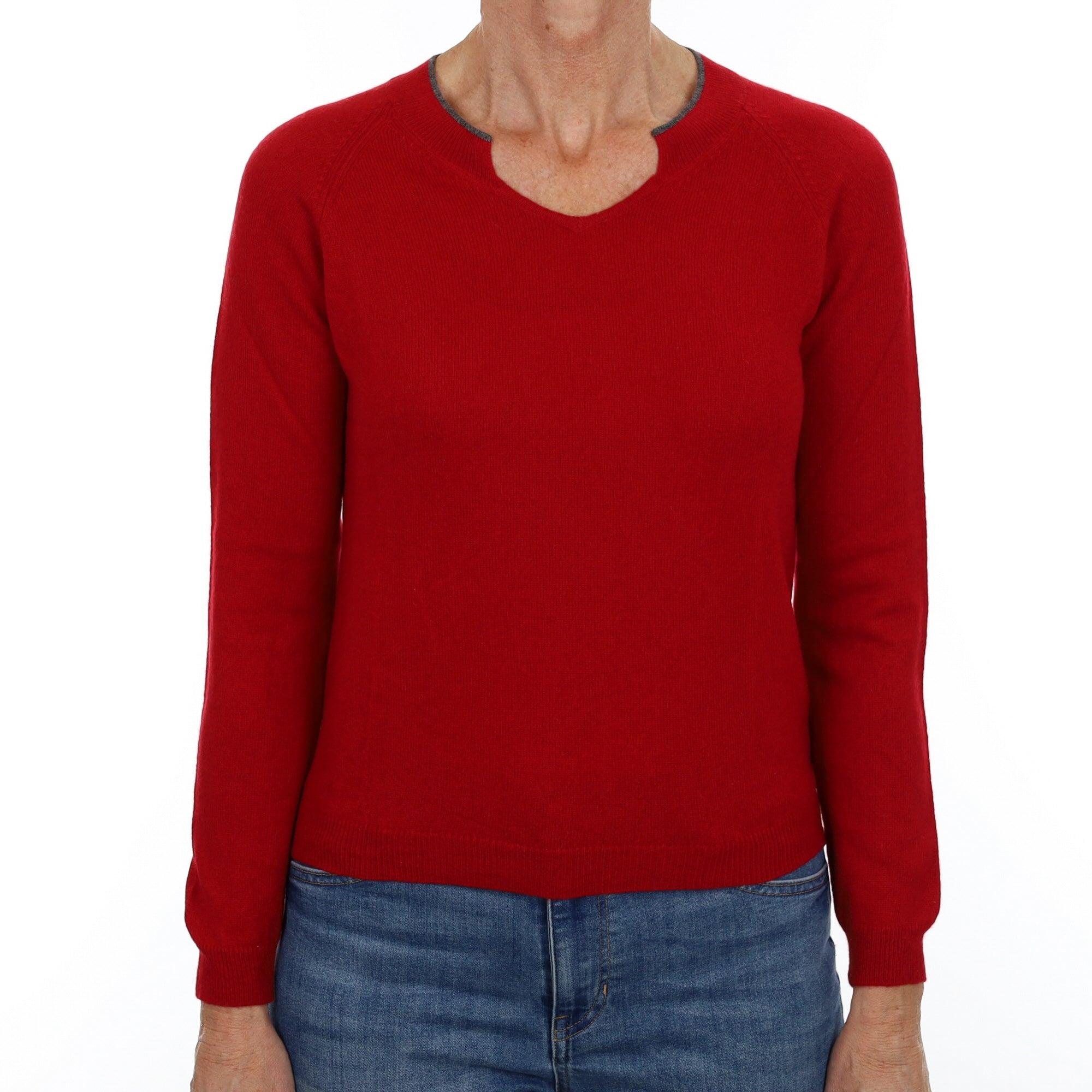 Crimson Red Cashmere Notch V Neck Jumper Small