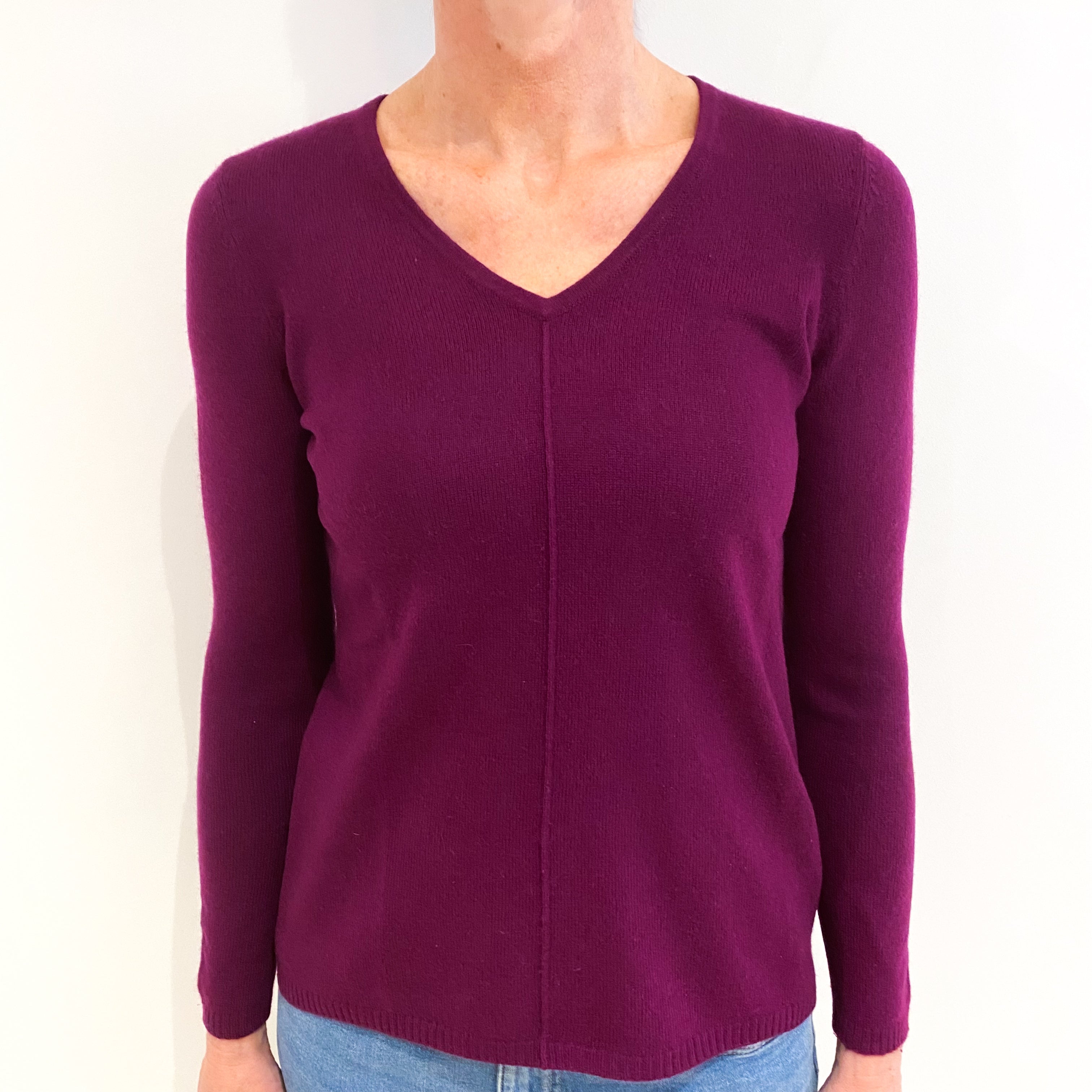 Plum Purple Cashmere V Neck Jumper Small