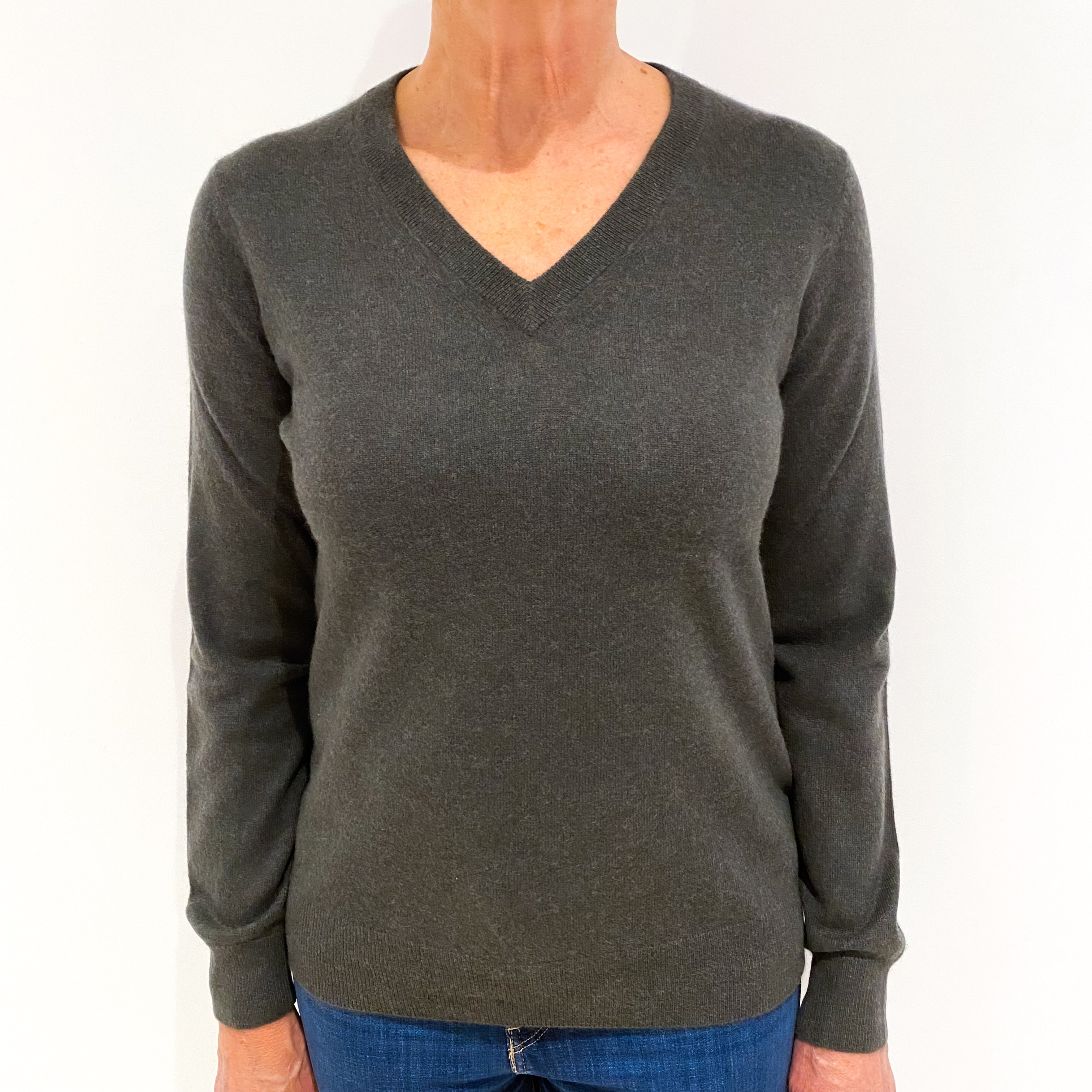 Khaki Green Cashmere V-Neck Jumper Medium