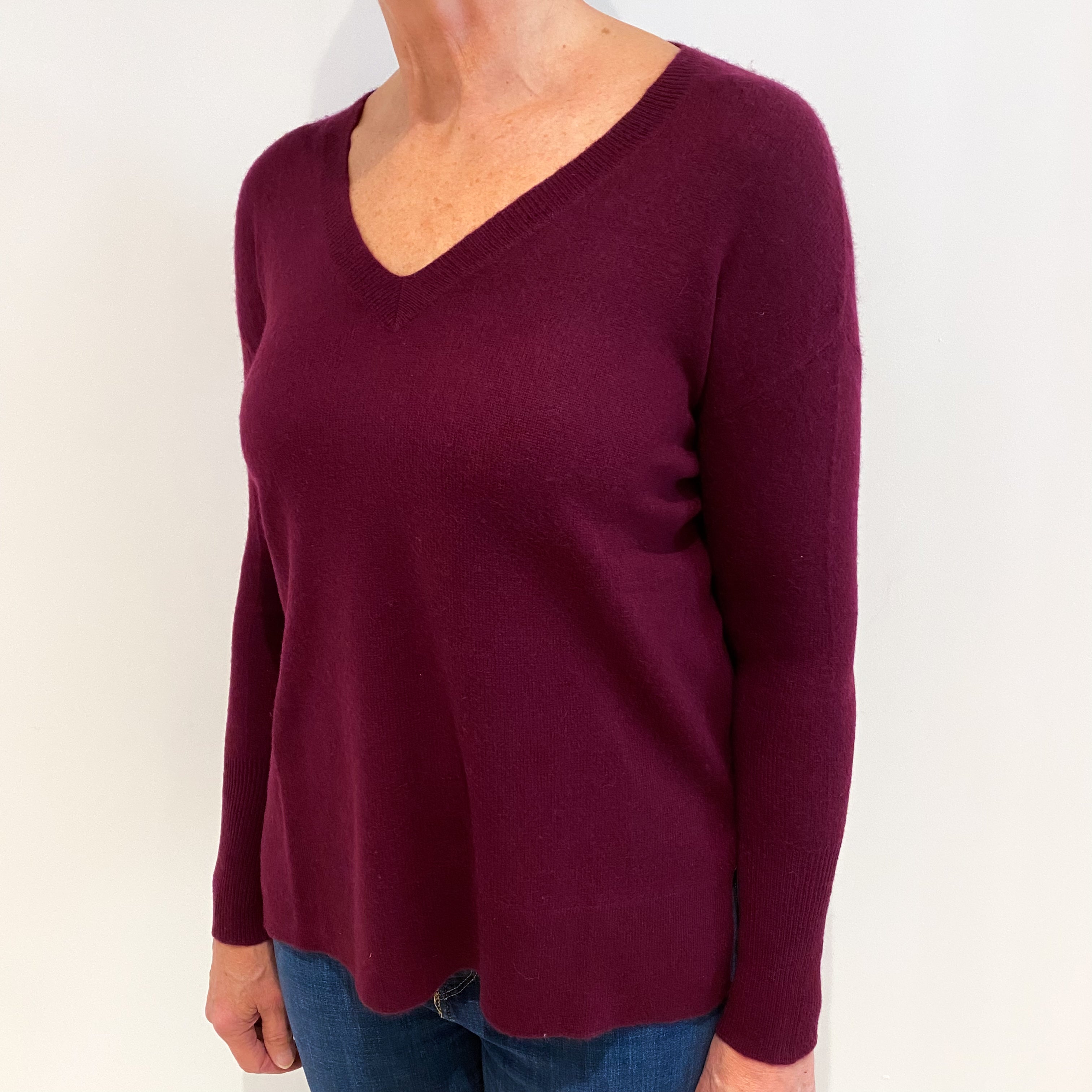 Mulberry Purple Slouchy Cashmere V Neck Jumper Medium