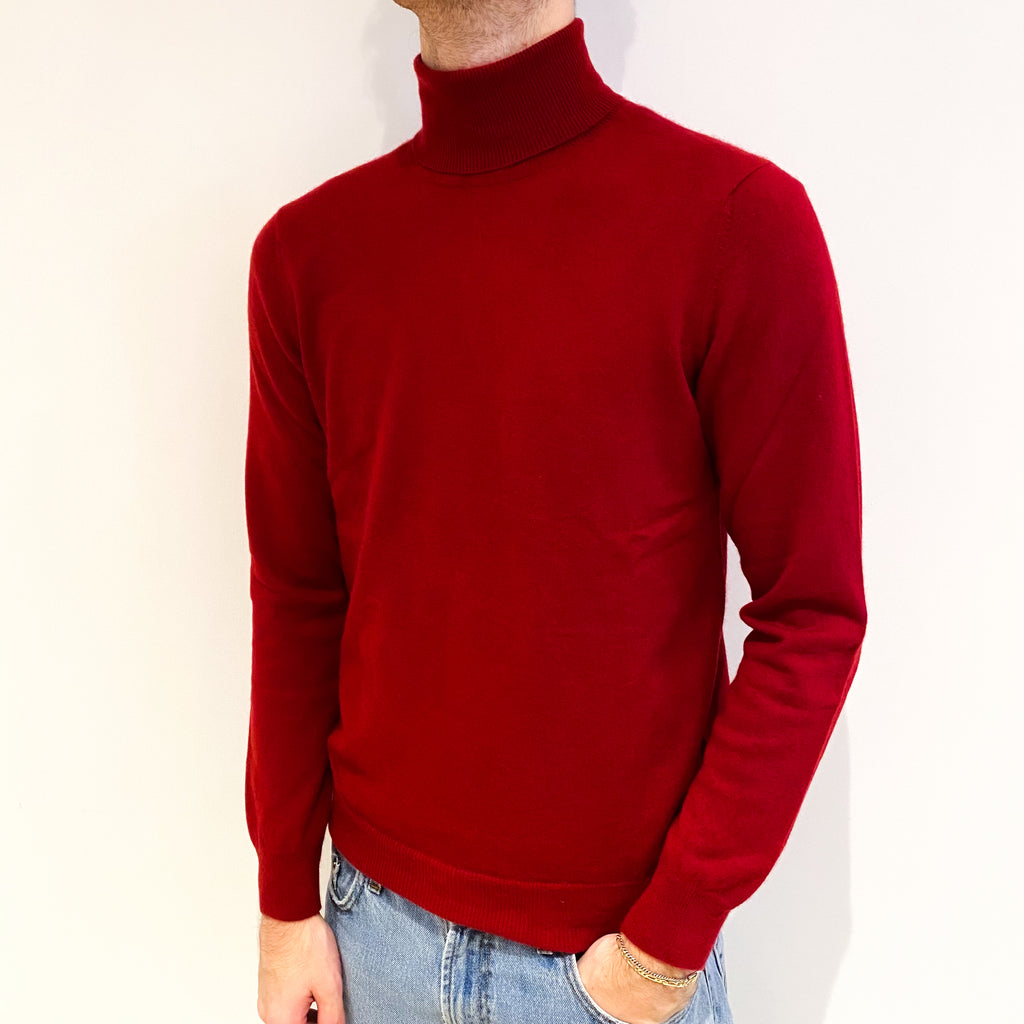 Men's Post Box Red Cashmere Polo Neck Jumper Large
