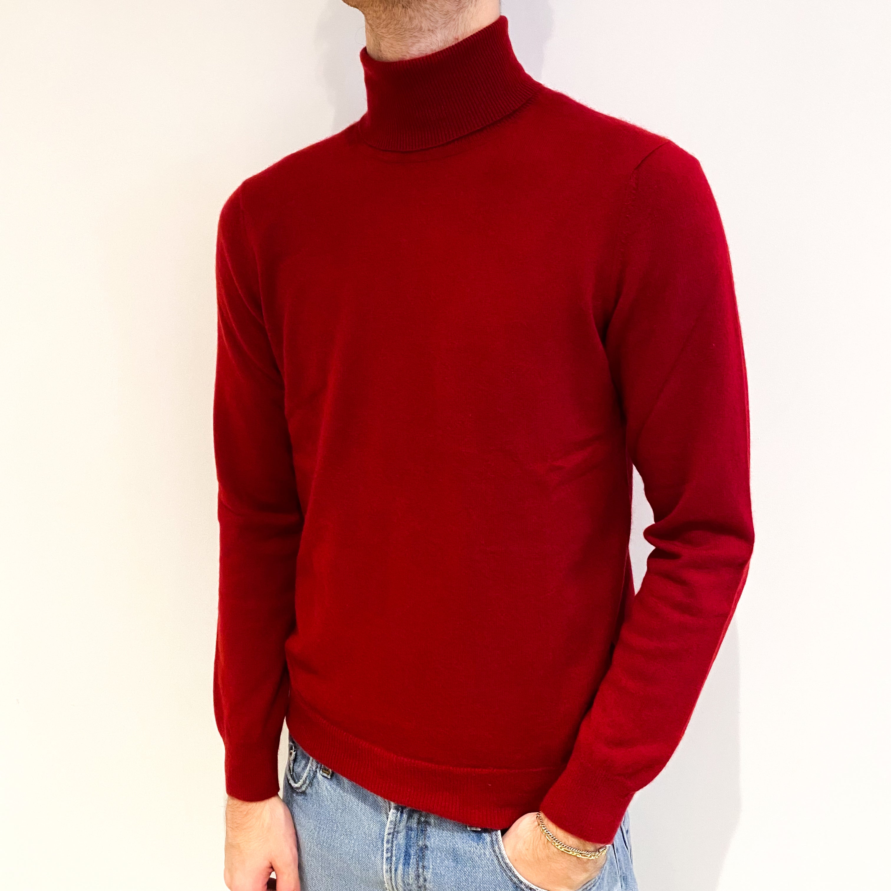 Men's Post Box Red Cashmere Polo Neck Jumper Large