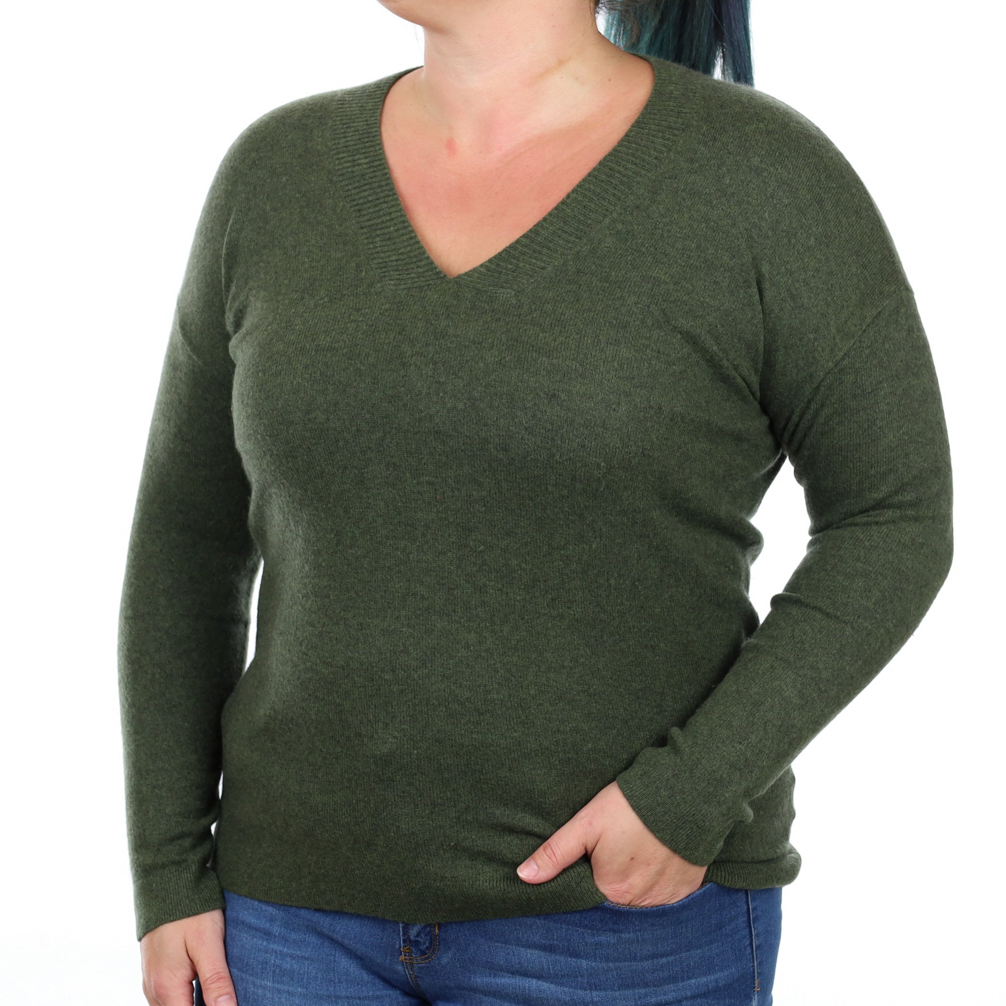 Country Green Cashmere V Neck Jumper Large