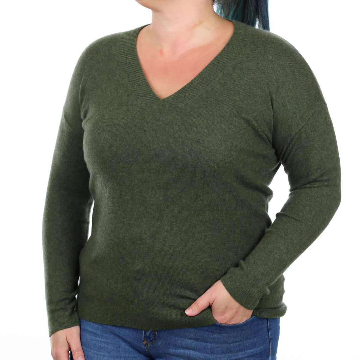 Country Green Cashmere V Neck Jumper Large