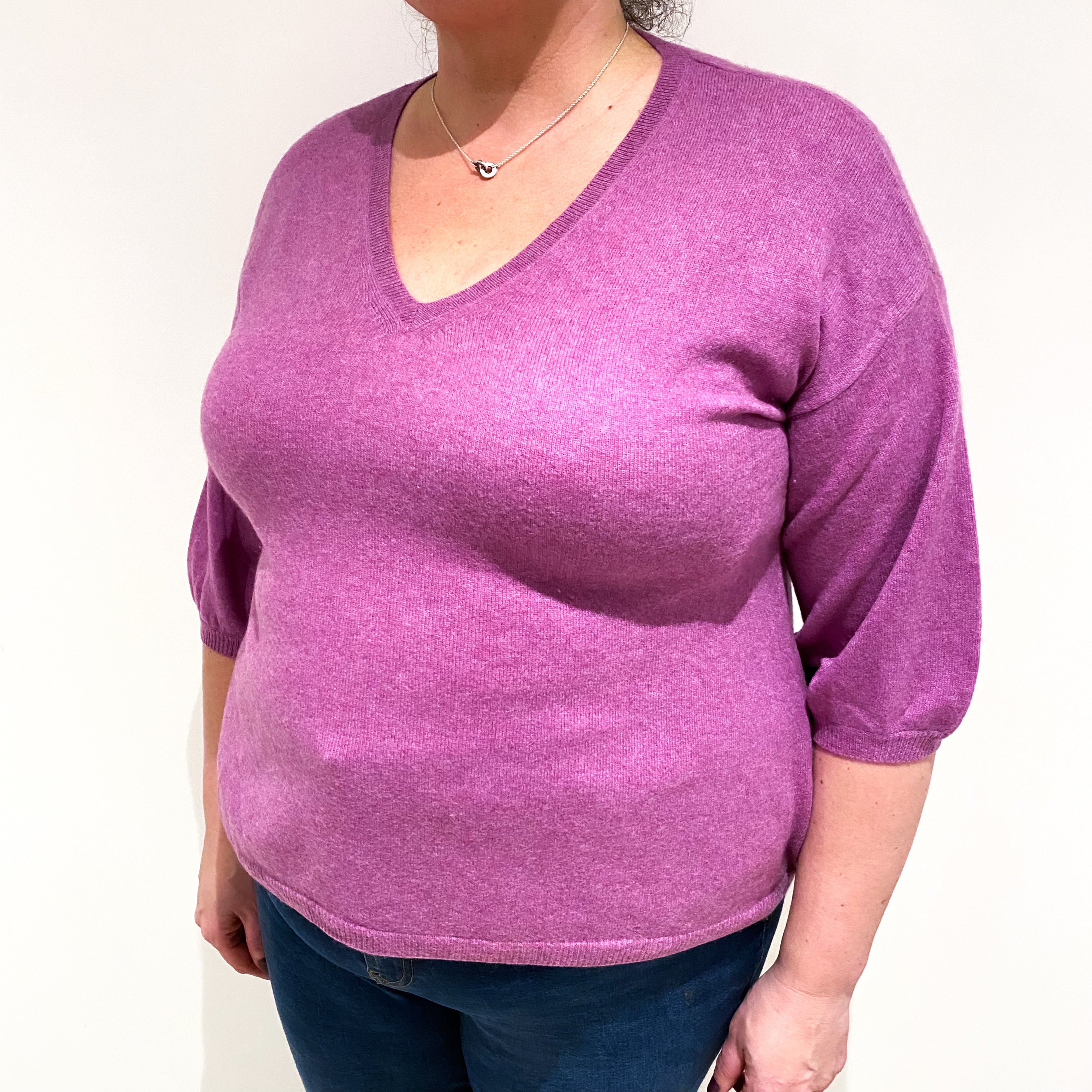 Loganberry Purple Balloon Sleeve Cashmere V Neck Jumper Extra Large