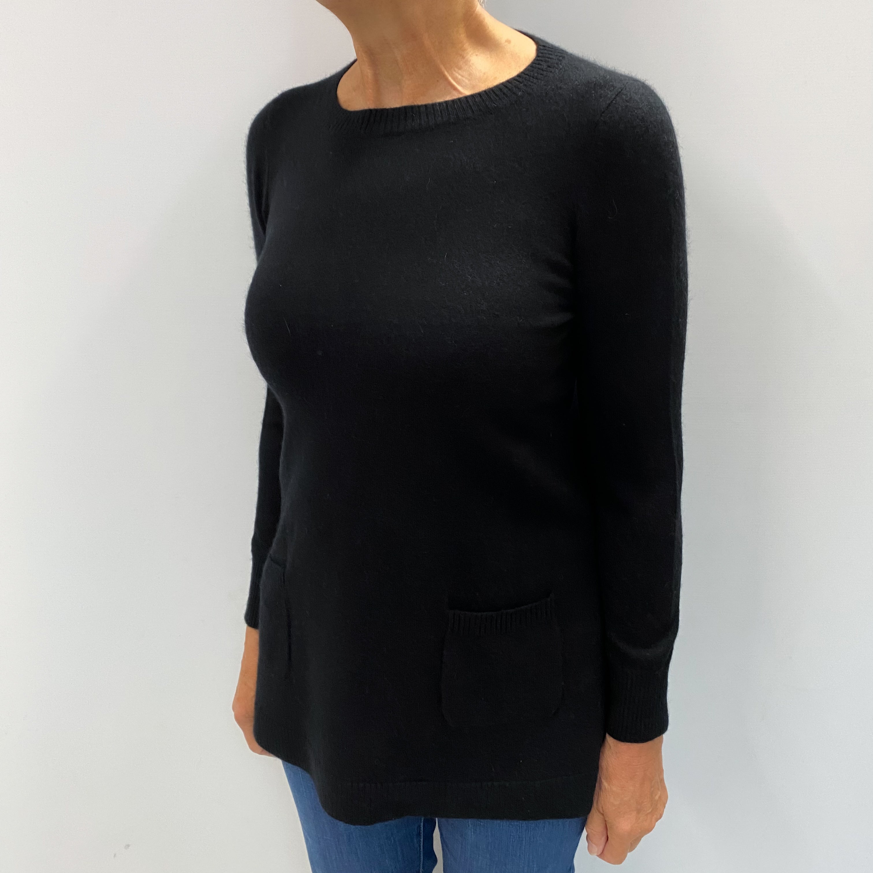 Black Cashmere Crew Neck Tunic Style Jumper Medium