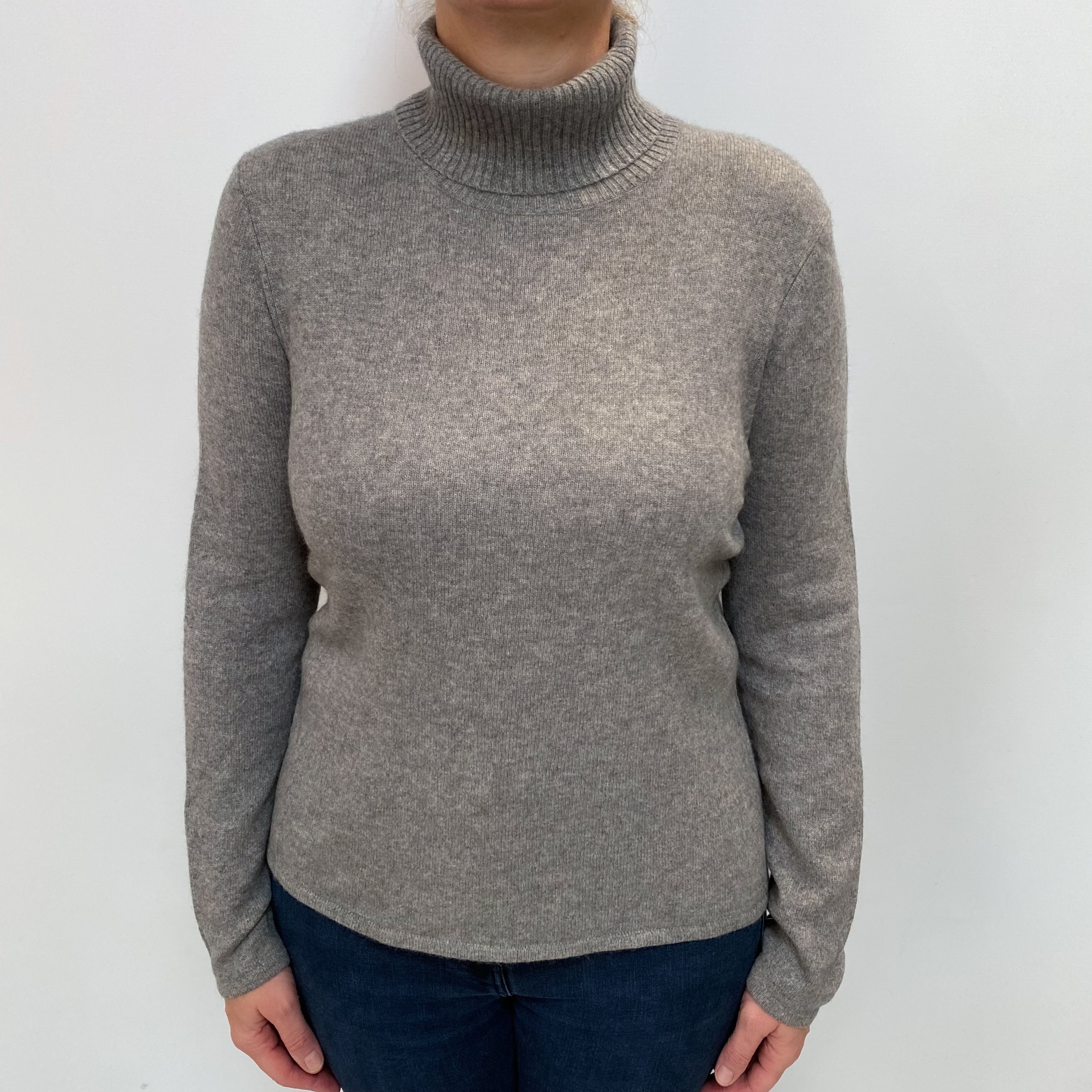 Ash Grey Cashmere Polo Neck Jumper Large