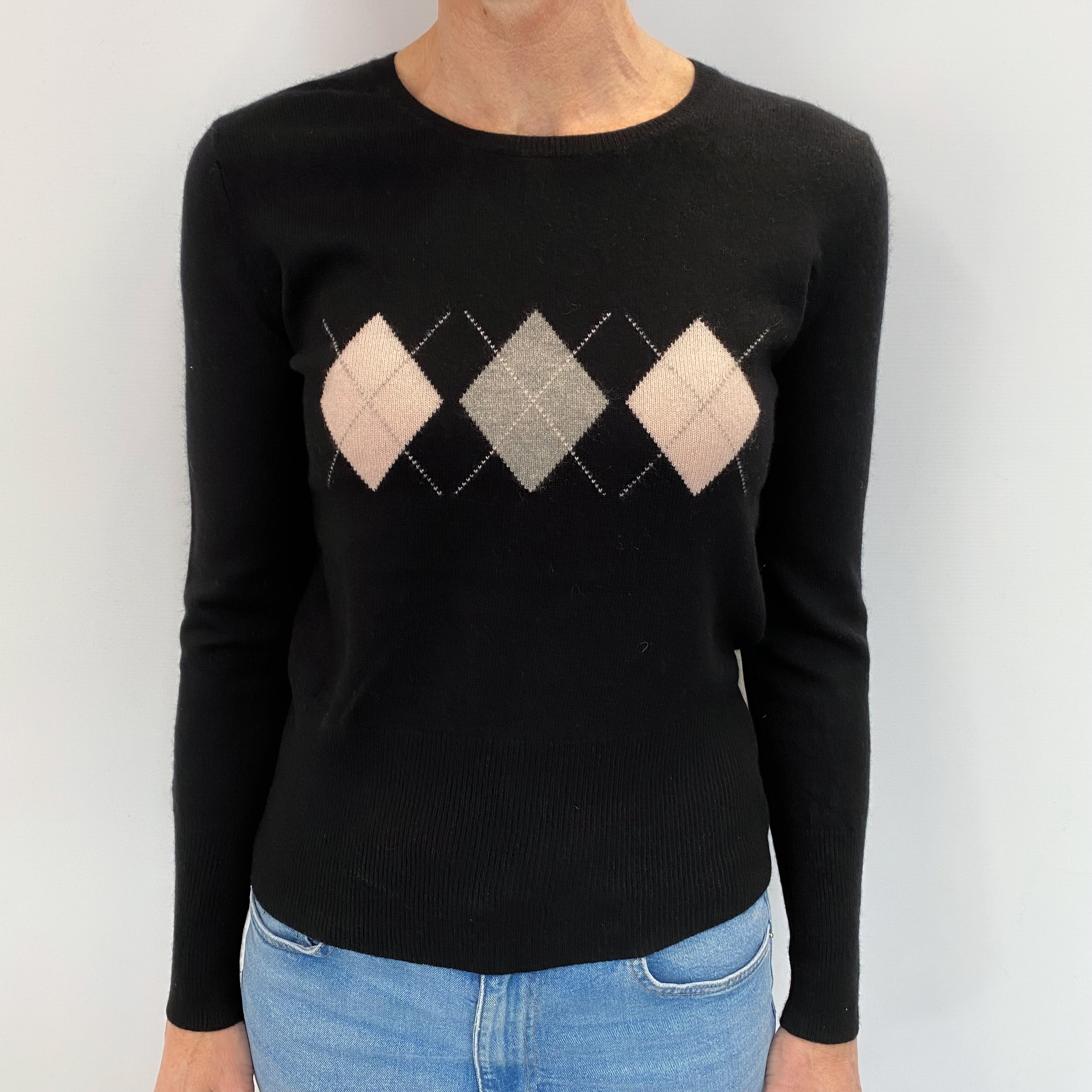 Black Argyle Pattern Cashmere Crew Neck Jumper Small