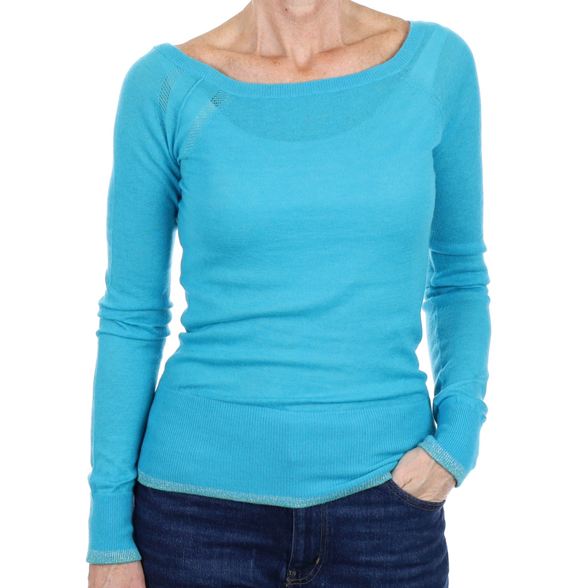 Aqua Blue Cashmere Wide Crew Neck Jumper Small