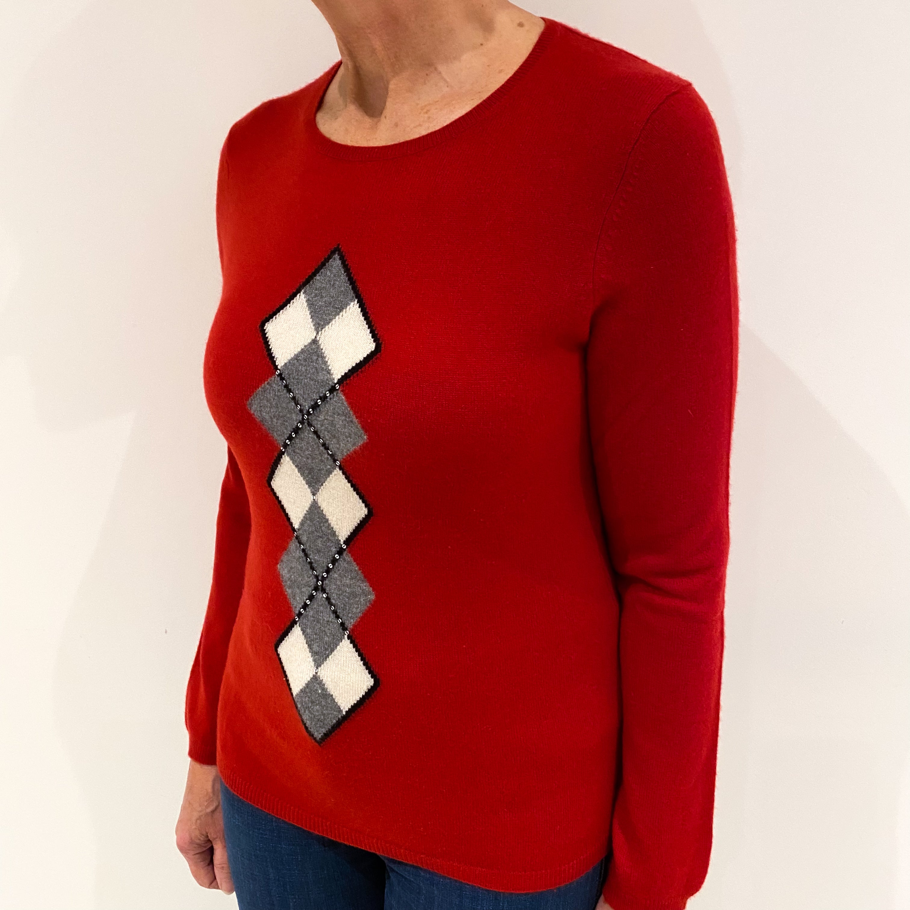 Scarlet Red Cashmere Crew Neck Jumper with Grey Diamond Pattern Medium