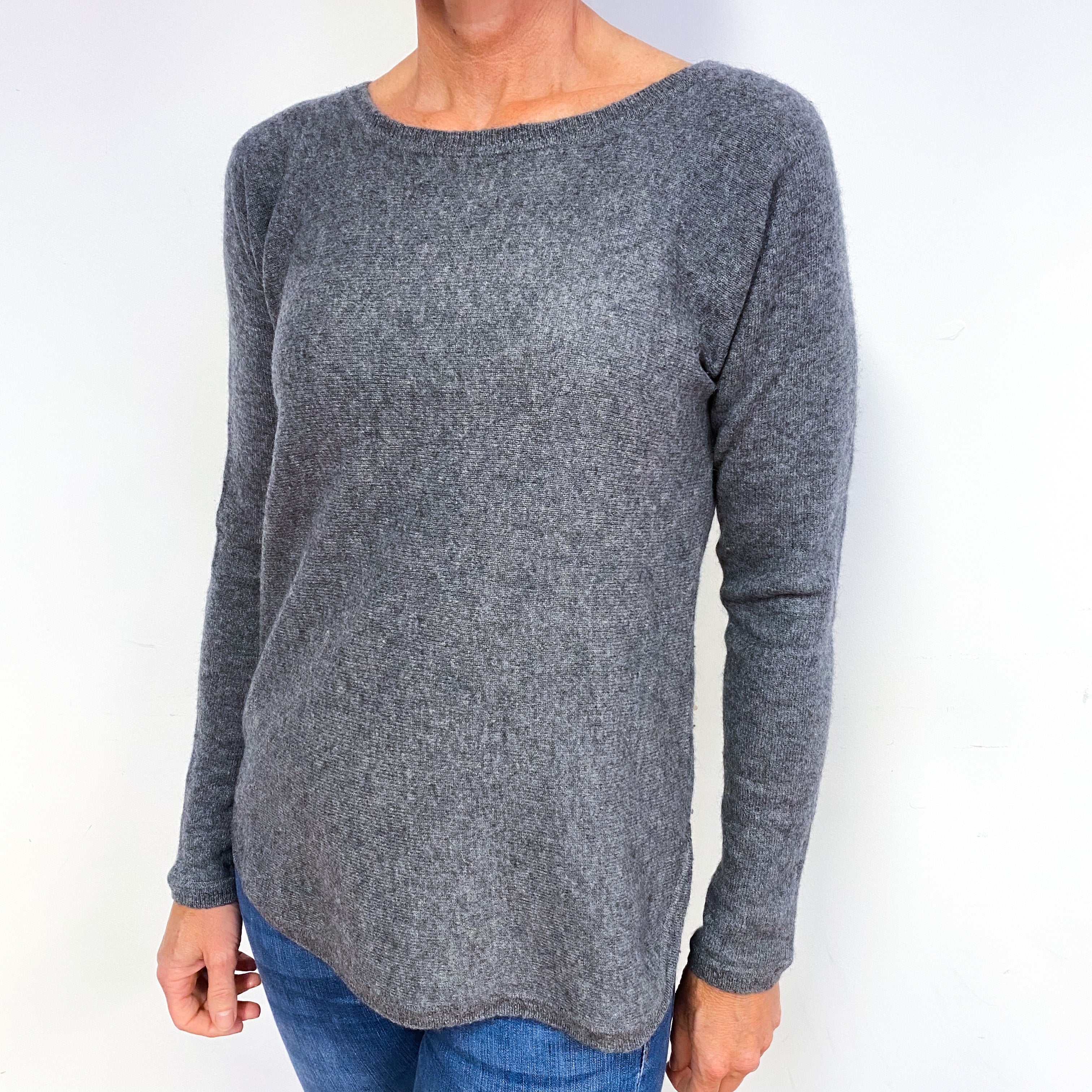 Slate Grey Scoop Hem Cashmere Crew Neck Jumper Medium