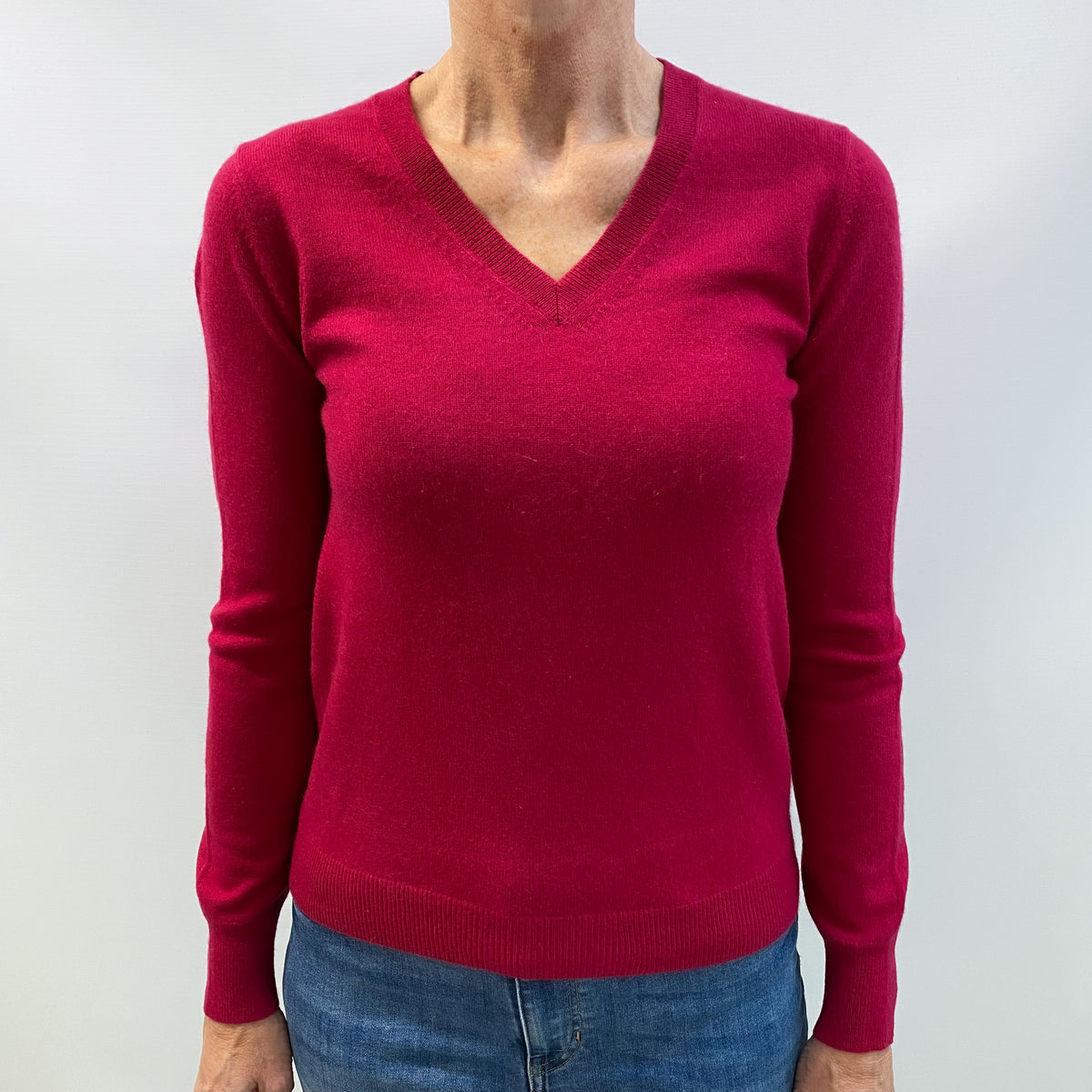 Cherry Red Cashmere V Neck Jumper Small