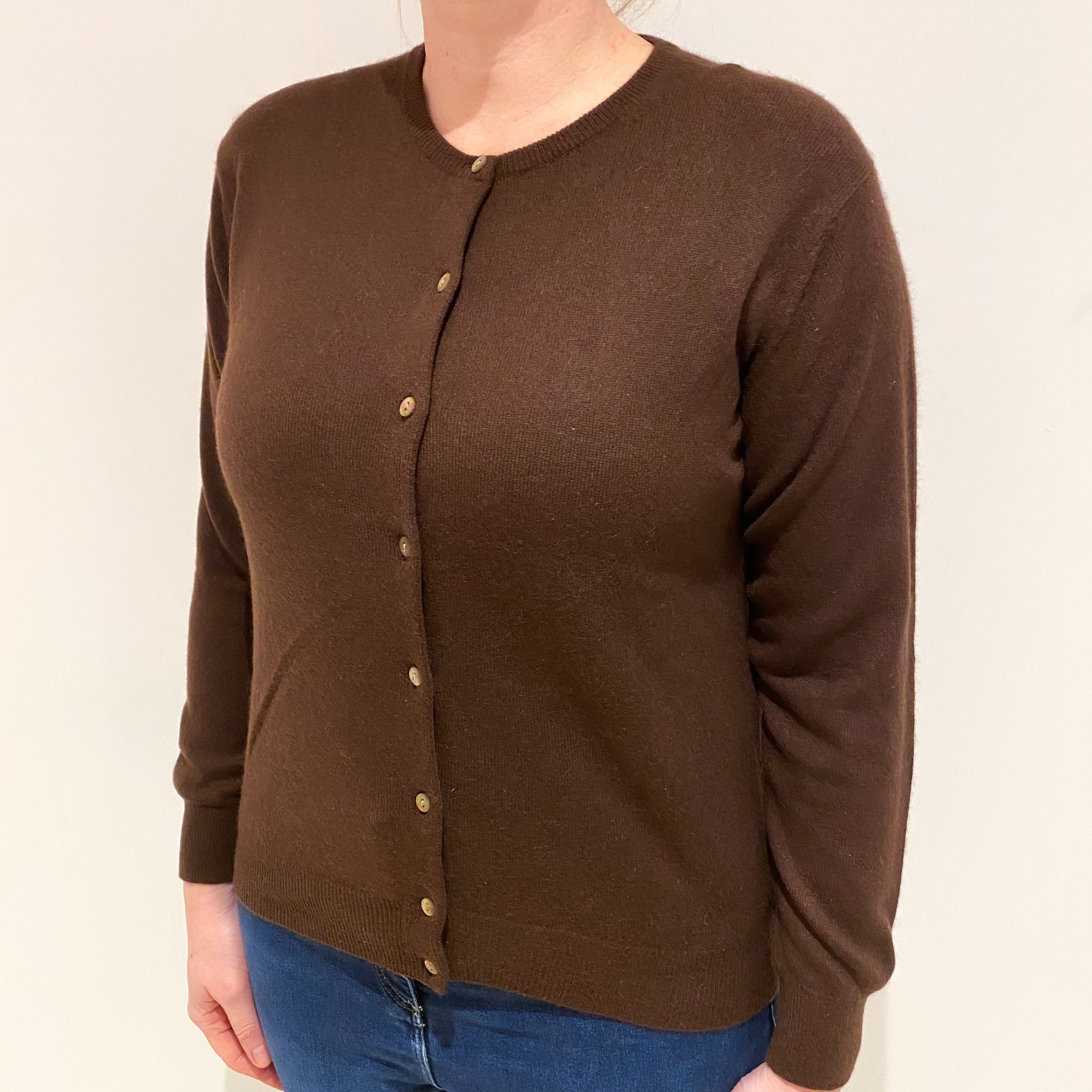 Chocolate Brown Cashmere Crew Neck Cardigan Large