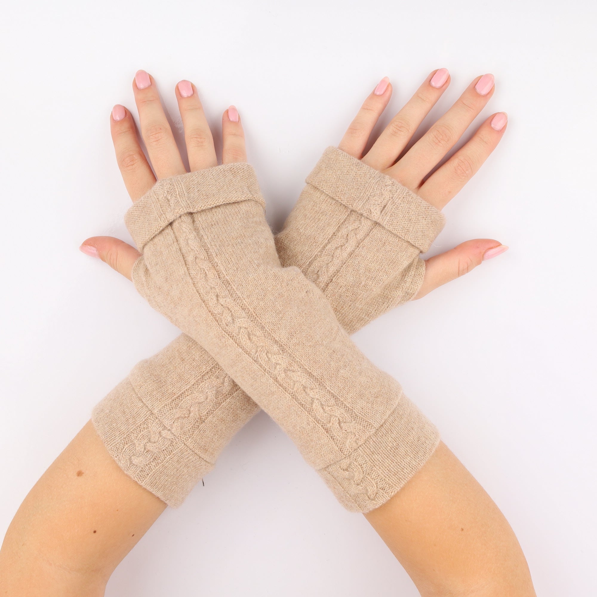 Beige Cable Detail Fingerless Gloves