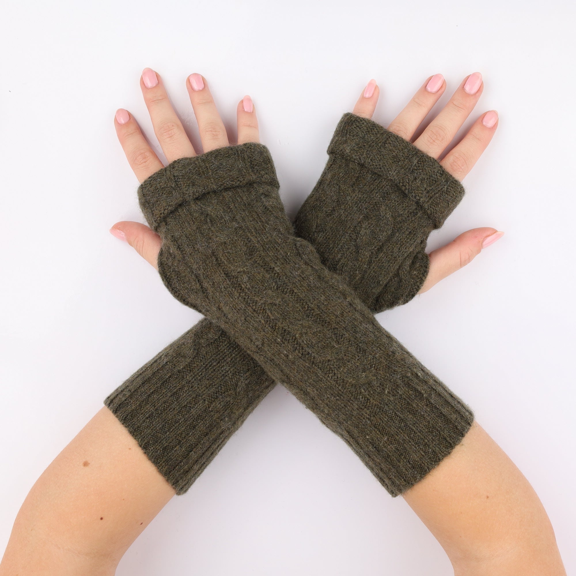 Khaki Cable Knit Fingerless Gloves