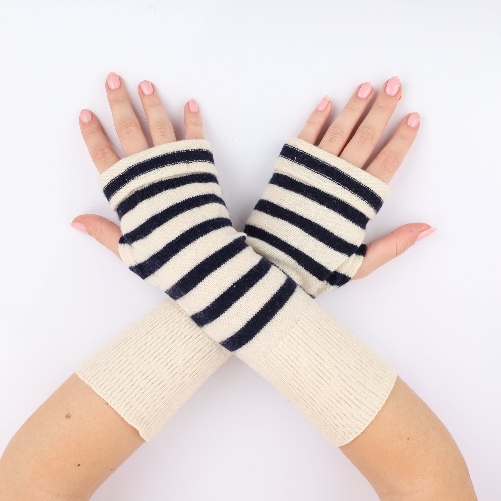 Ivory and Black Striped Fingerless Gloves