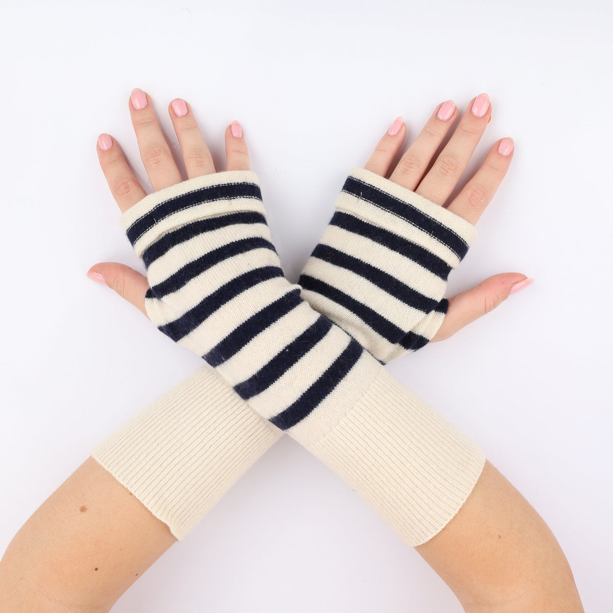 Ivory and Black Striped Fingerless Gloves