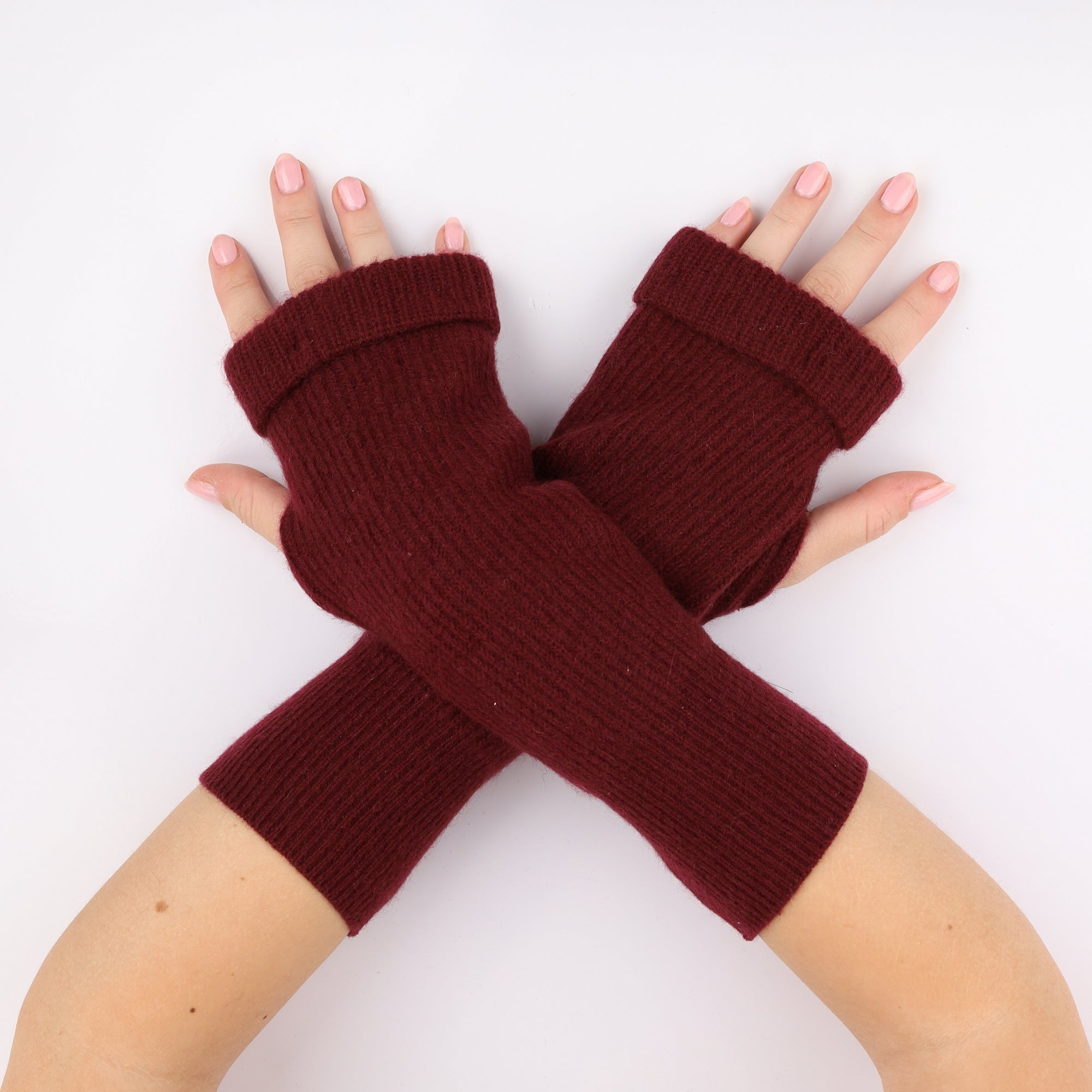 Wine Red Rib Fingerless Gloves