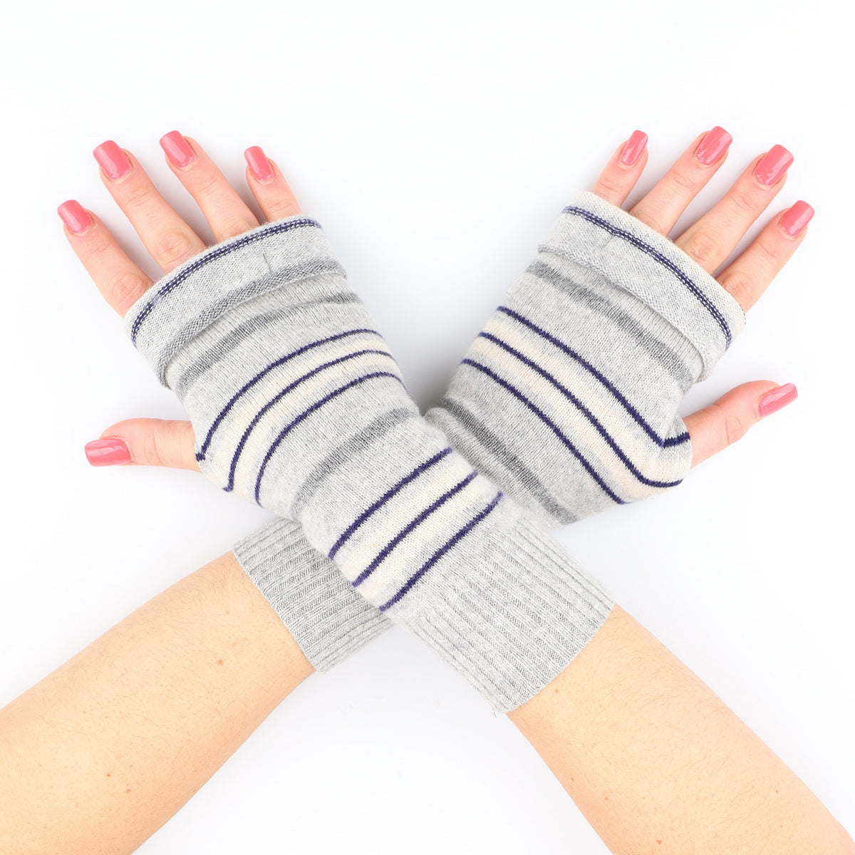 Two Tone Grey and Navy Striped Fingerless Gloves