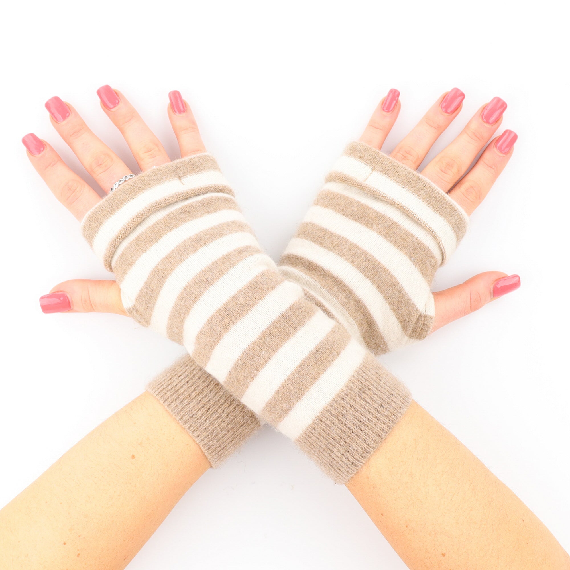 Light Beige and Cream Striped Fingerless Gloves