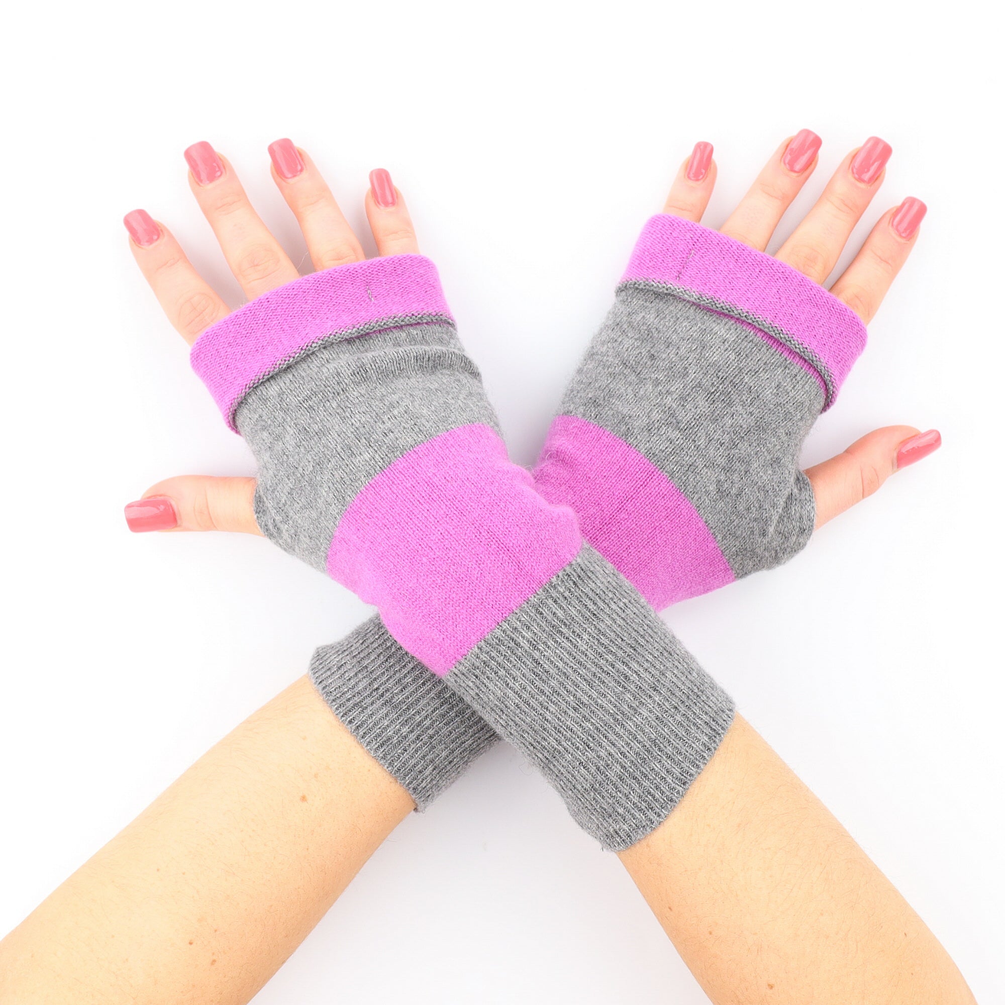 Vivid Orchid Purple and Ash Grey Fingerless Gloves