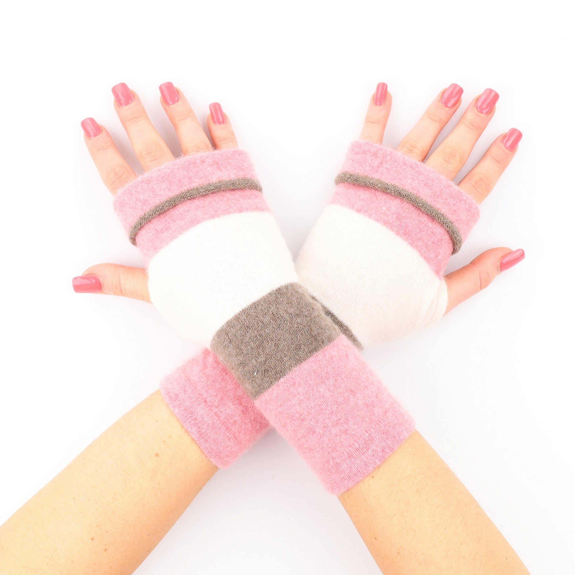 Strawberry Pink, Cream and Mocha Striped Fingerless Gloves