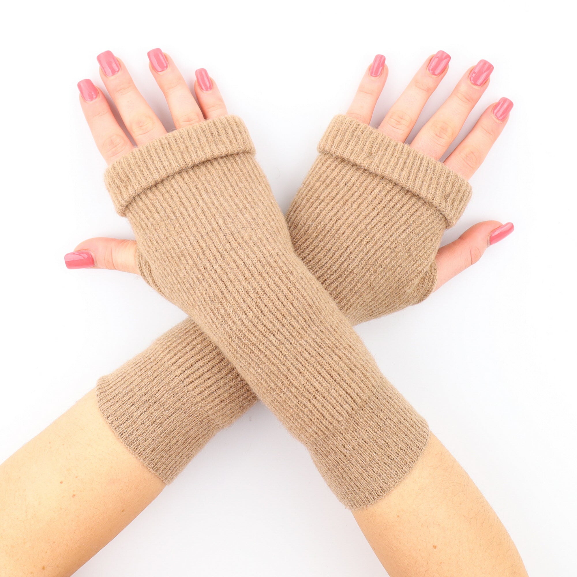 Caramel Brown Ribbed Fingerless Gloves