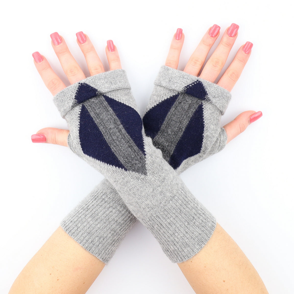 Two Tone Grey and Navy Diamond Fingerless Gloves