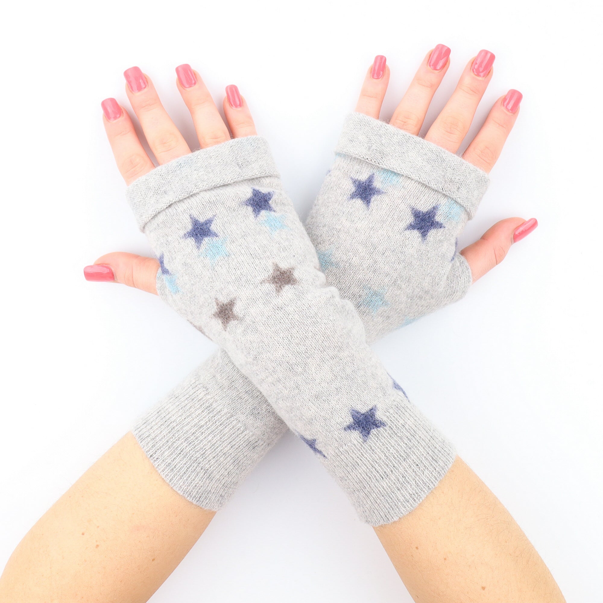 Mist Grey and Blue Star Fingerless Gloves
