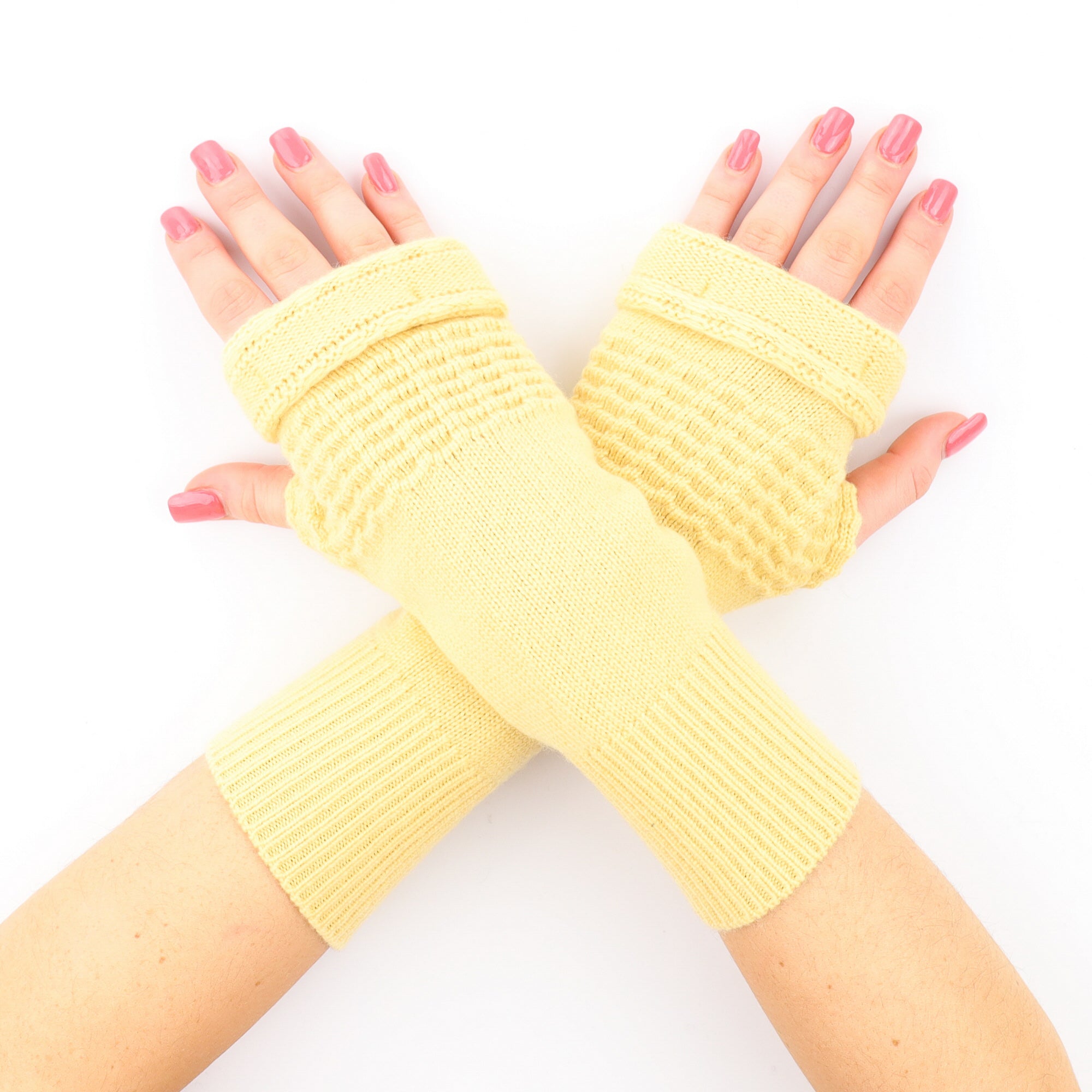 Pastel Yellow Chunky Knit with Lace Detail Fingerless Gloves