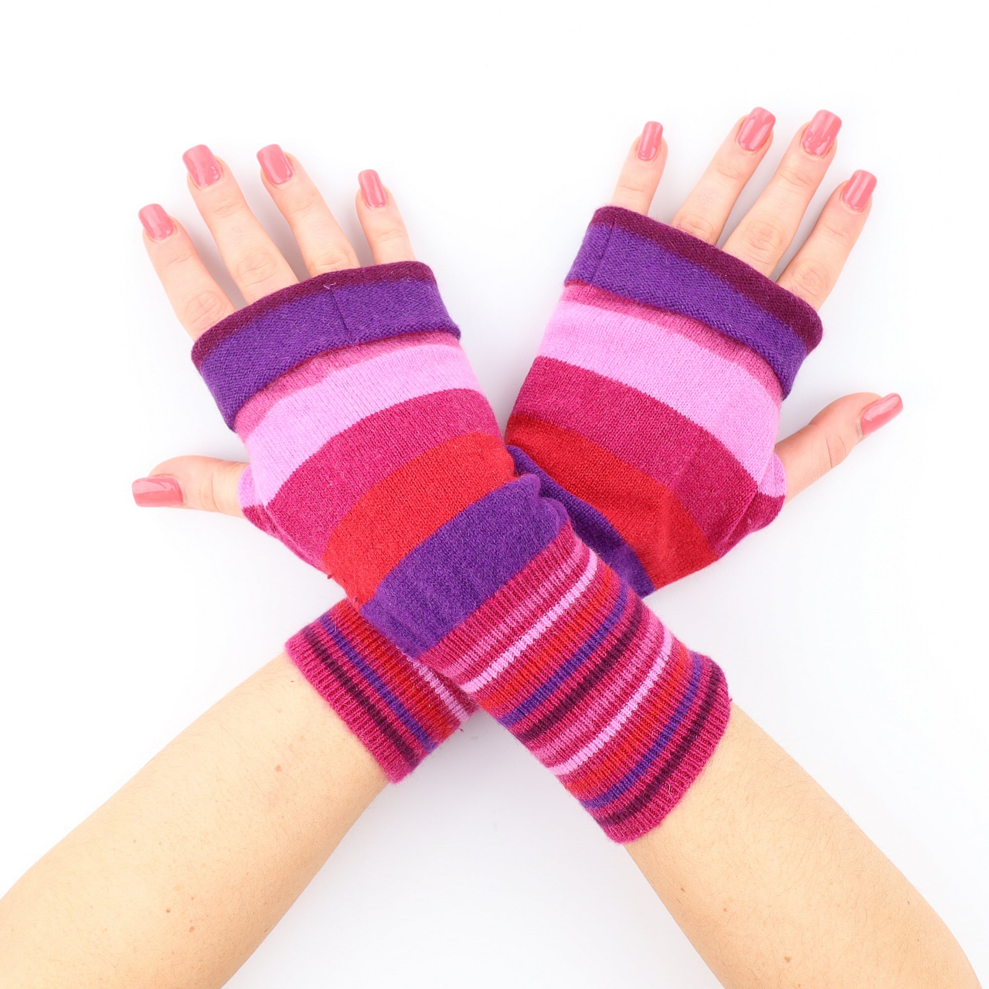Pink, Red and Purple Striped Fingerless Gloves
