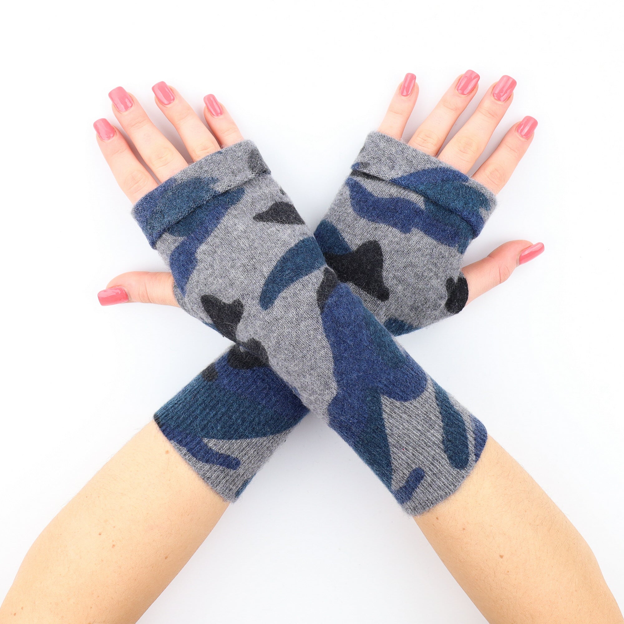 Two Tone Grey and Blue Camo Fingerless Gloves