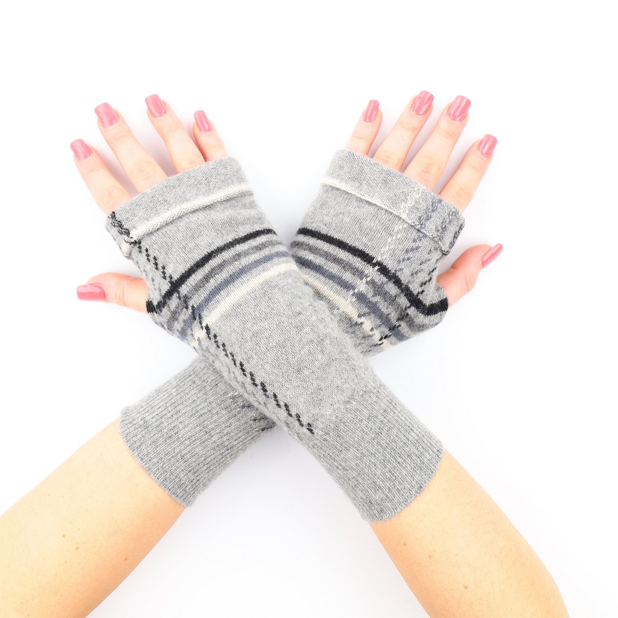 Grey and Blue Stripe with Stitch Detail Fingerless Gloves