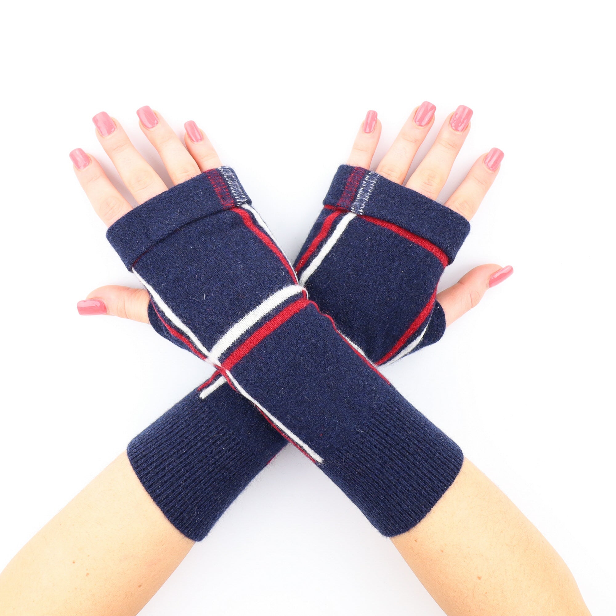 Navy, Cream and Red Check Fingerless Gloves