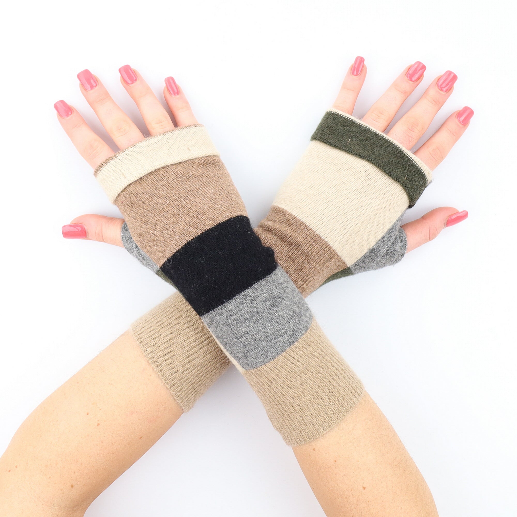 Taupe, Ash Grey and Combat Green Striped Fingerless Gloves