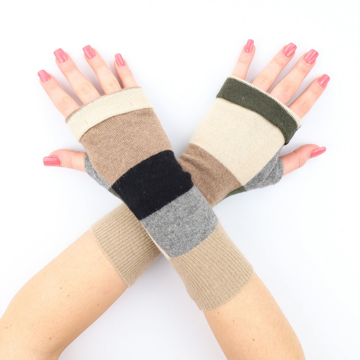 Taupe, Ash Grey and Combat Green Striped Fingerless Gloves