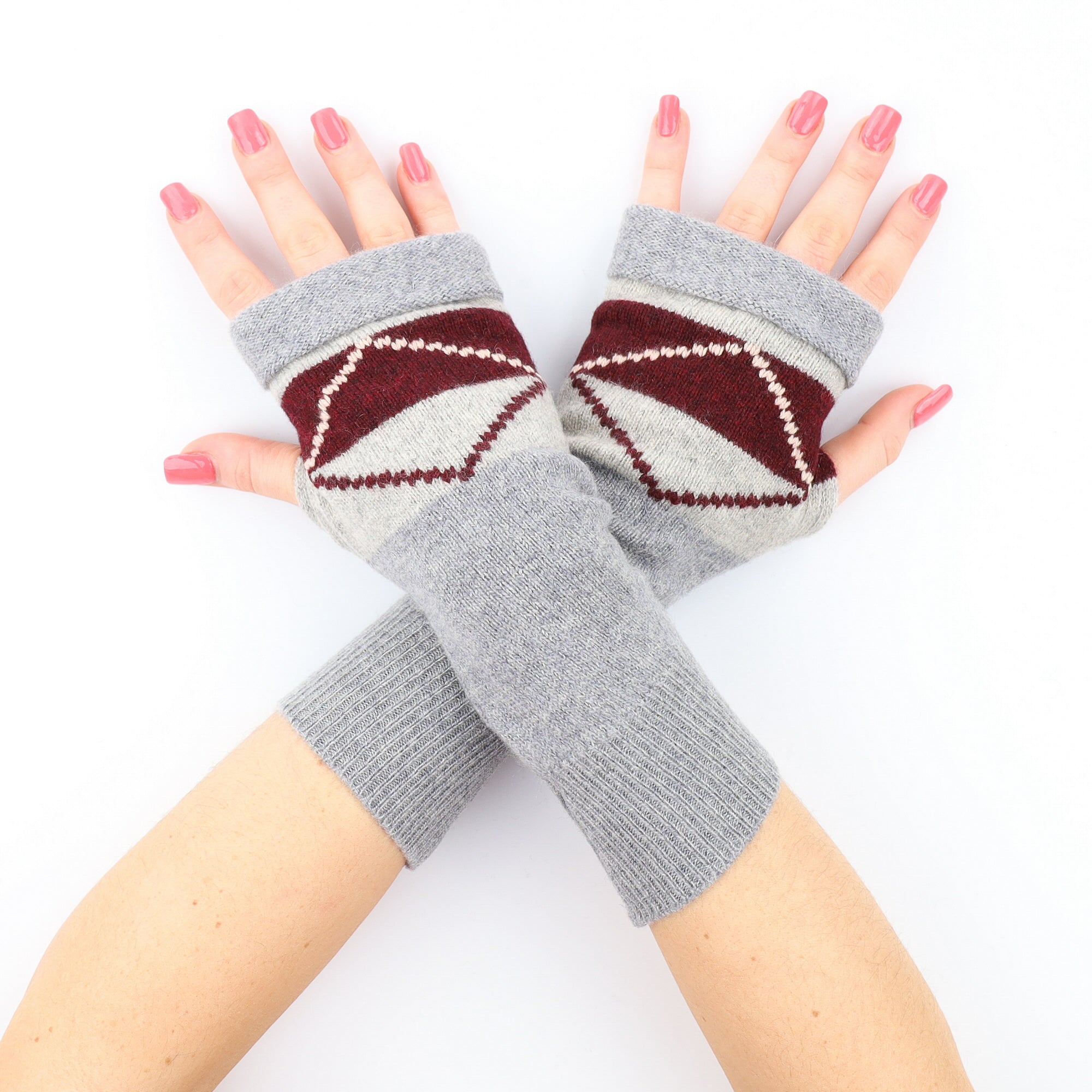 Smoke Grey and Burgundy Fingerless Gloves