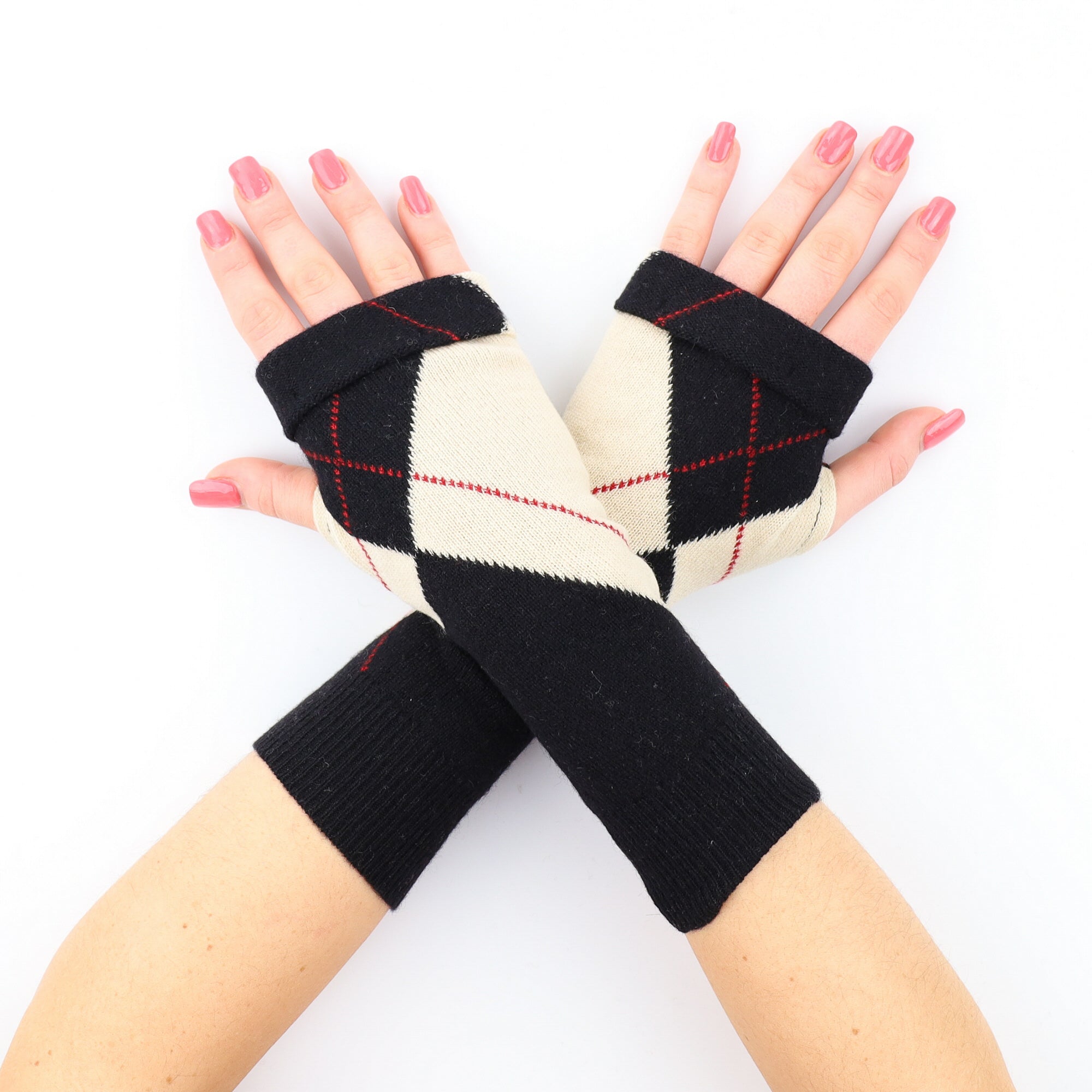 Black, Ivory and Red Diamond Fingerless Gloves