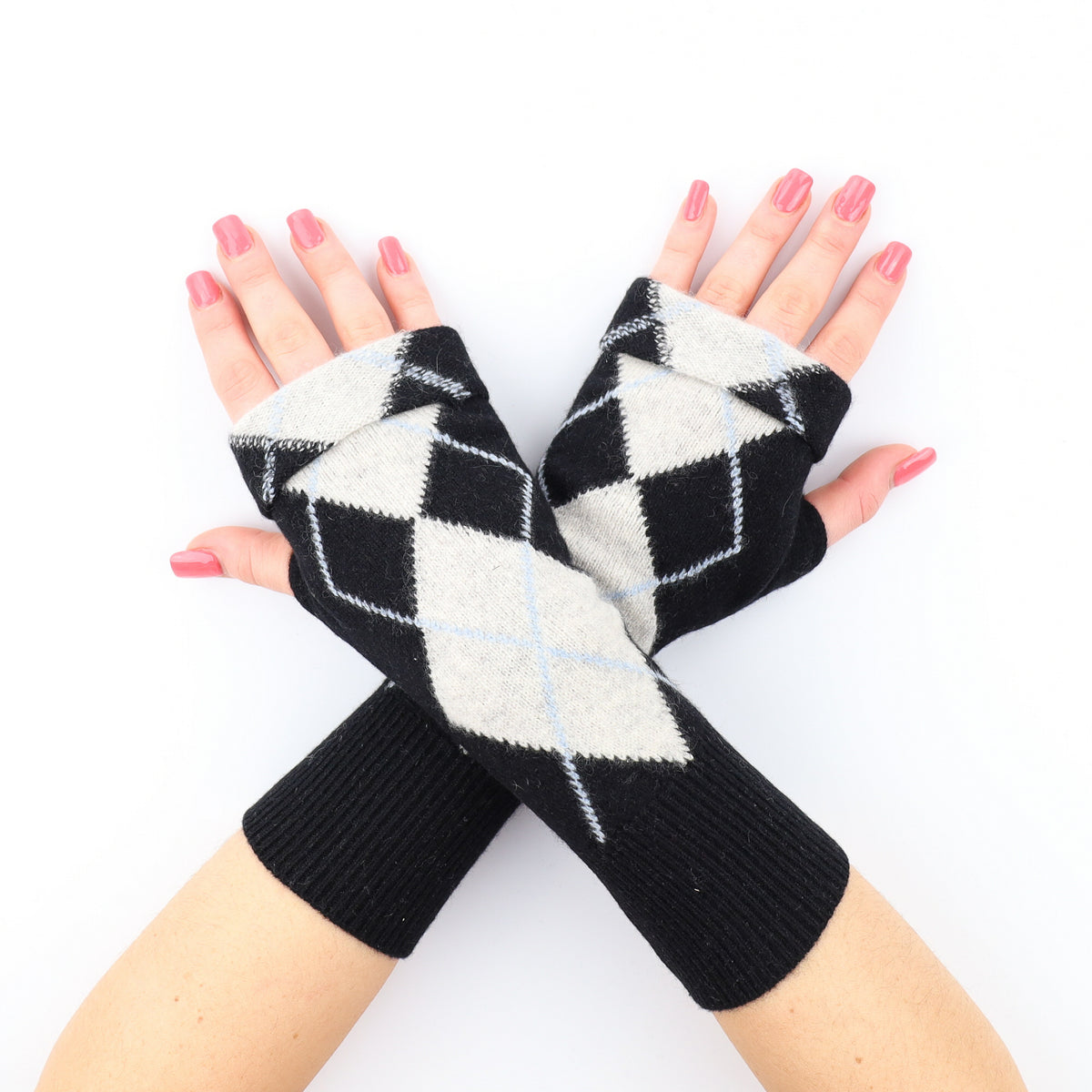 Black and Ivory Diamond with Pale Blue Stitch Detail Fingerless Gloves