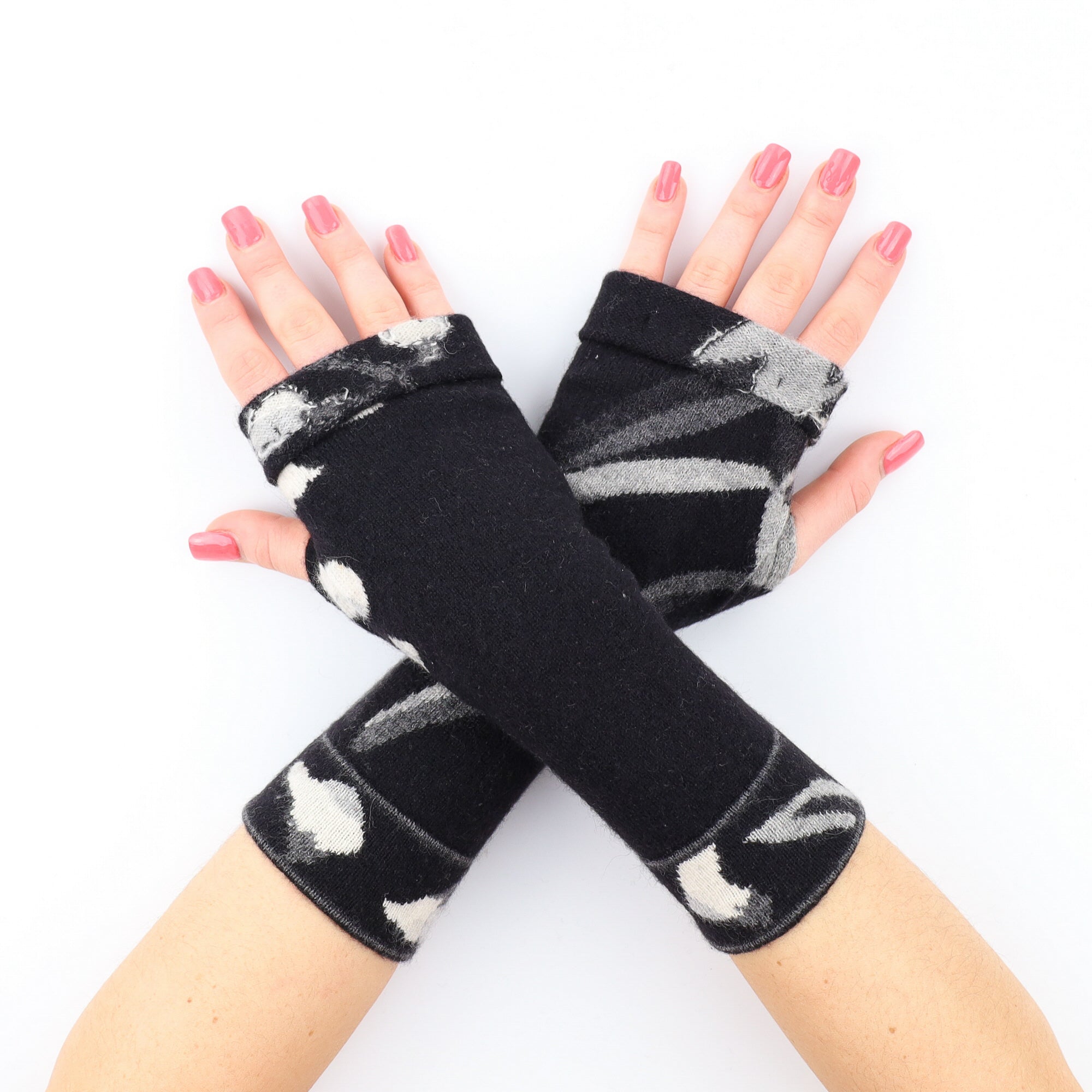 Black with Two Tone Grey Detailing Fingerless Gloves