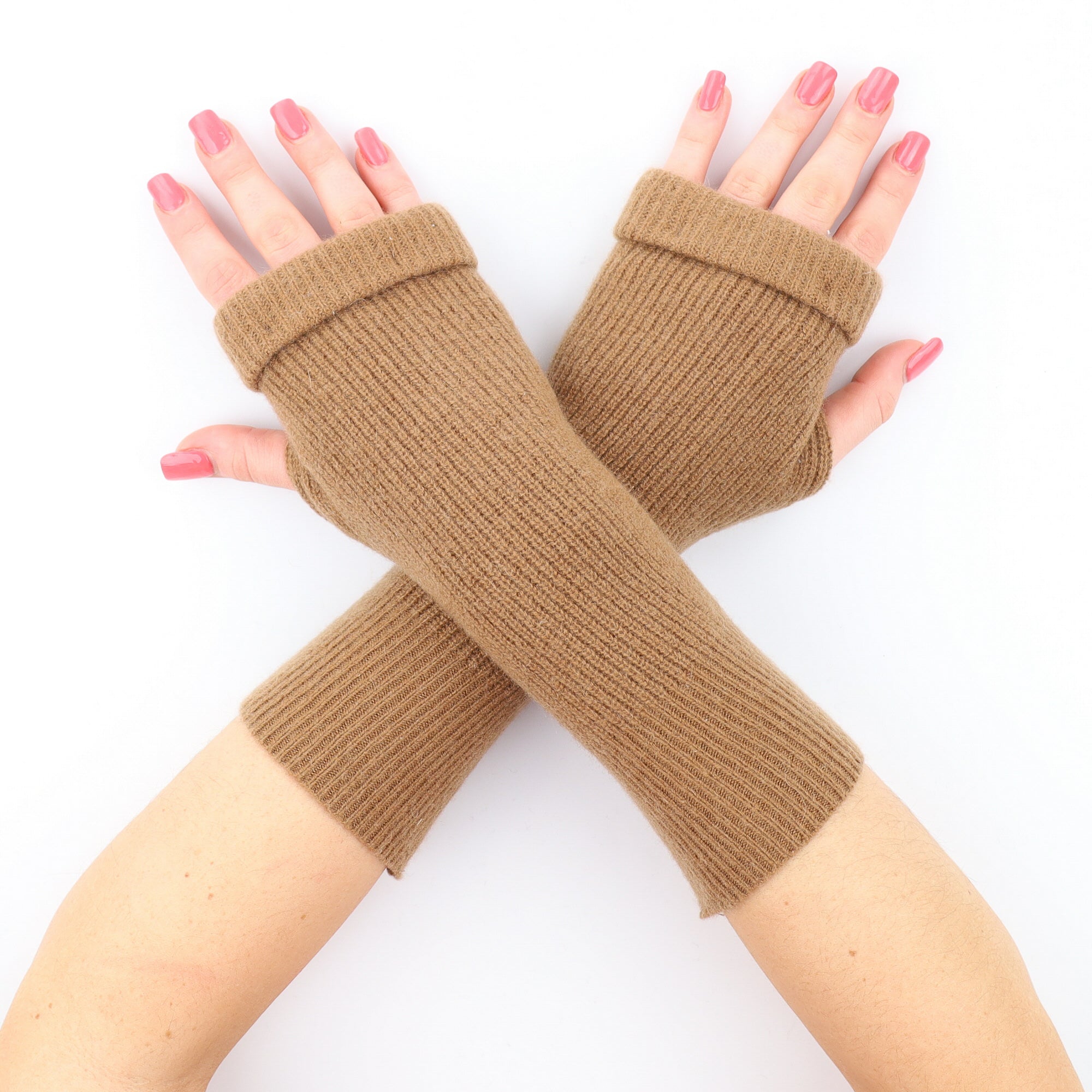 Toffee Brown Ribbed Fingerless Gloves