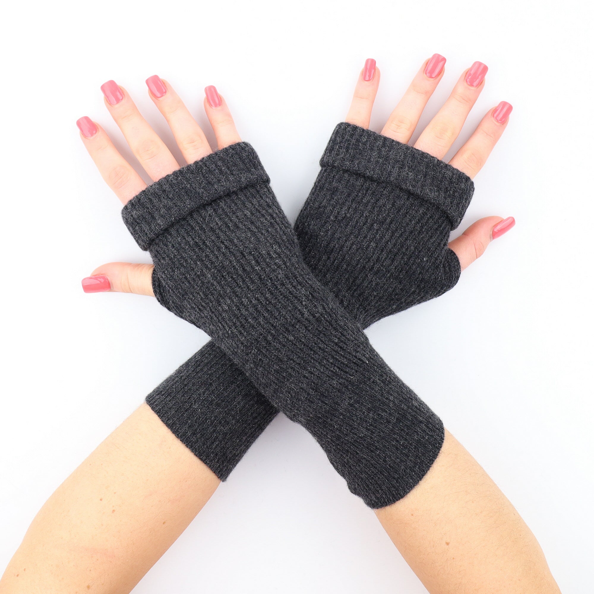 Slate Grey Ribbed Knit Fingerless Gloves