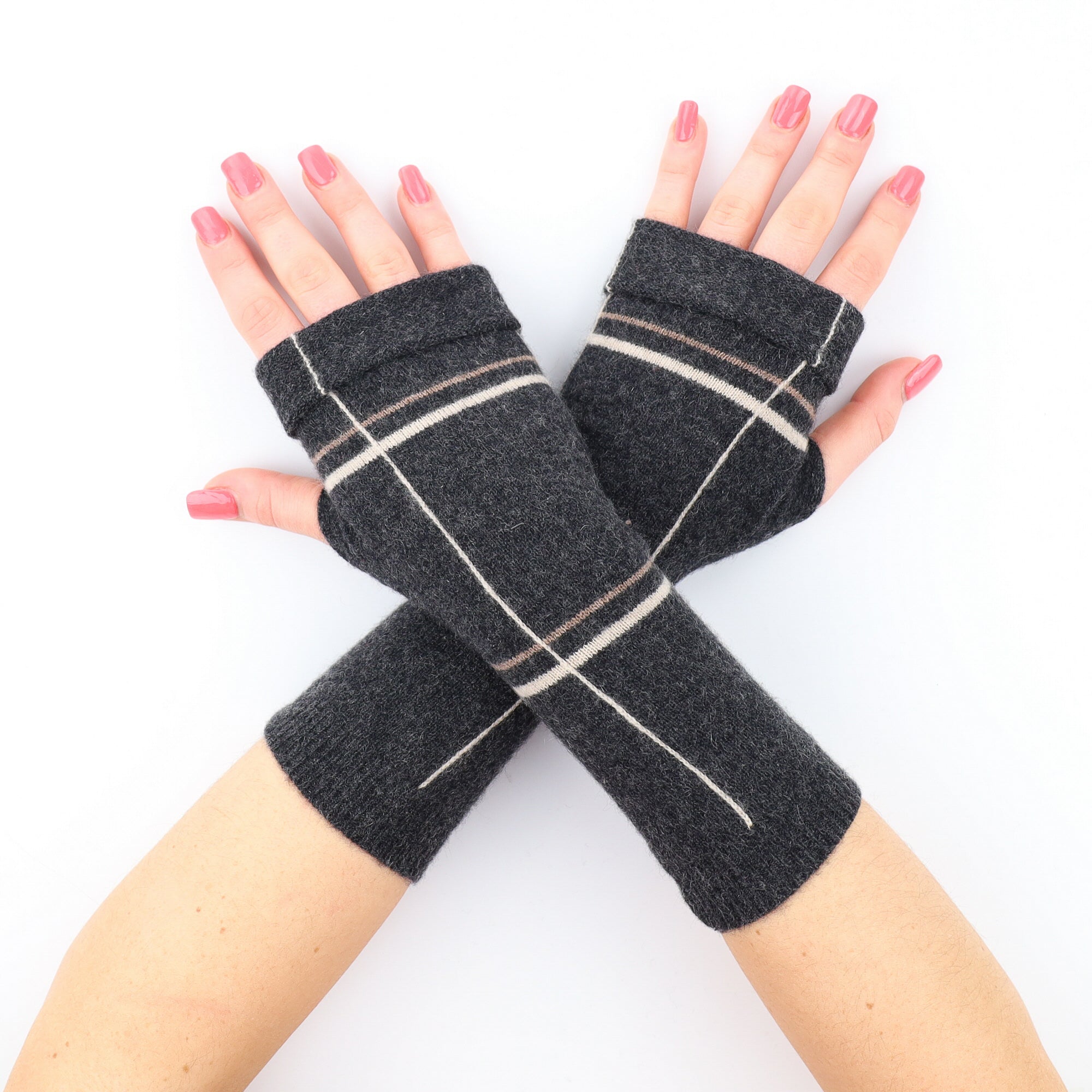 Charcoal Grey and Beige Fingerless Gloves