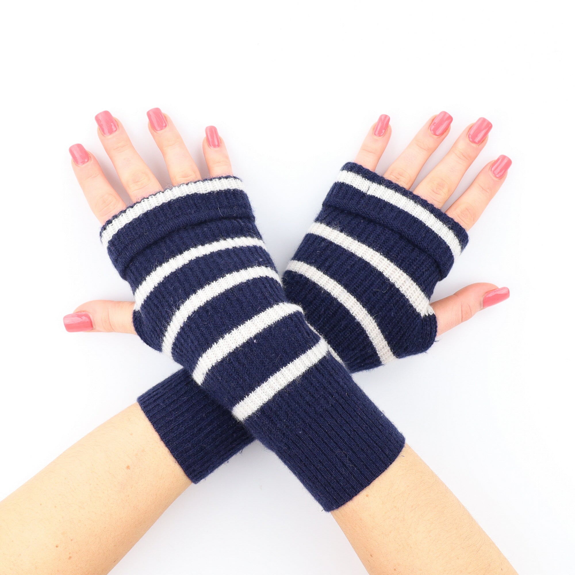 Navy Ribbed Striped Fingerless Gloves