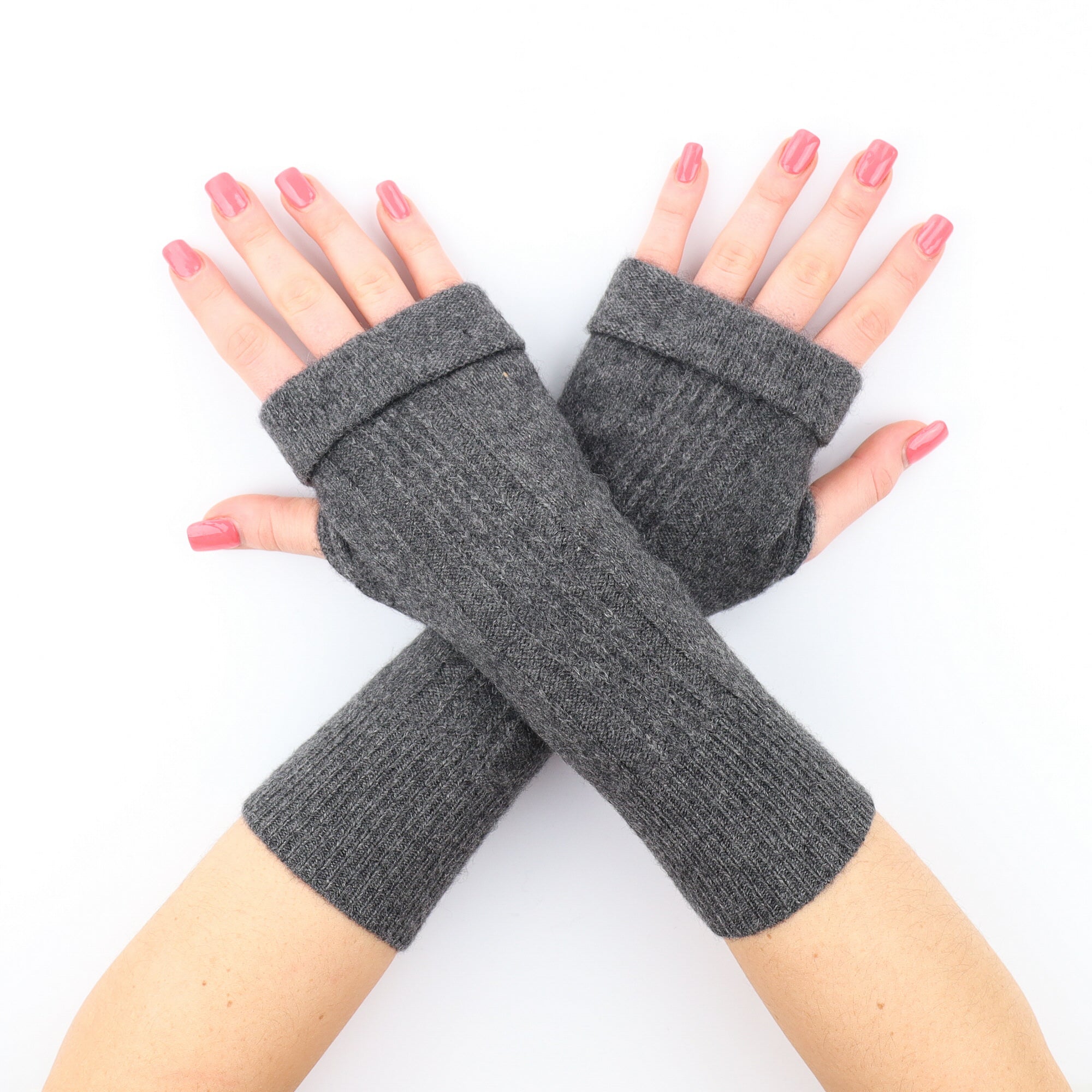 Iron Grey Chunky Knit with Ribbed Detail Fingerless Gloves