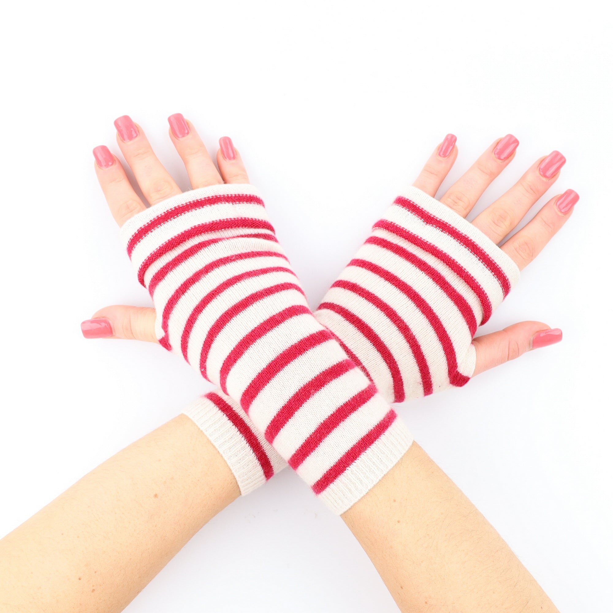 Cream and Raspberry Striped Fingerless Gloves