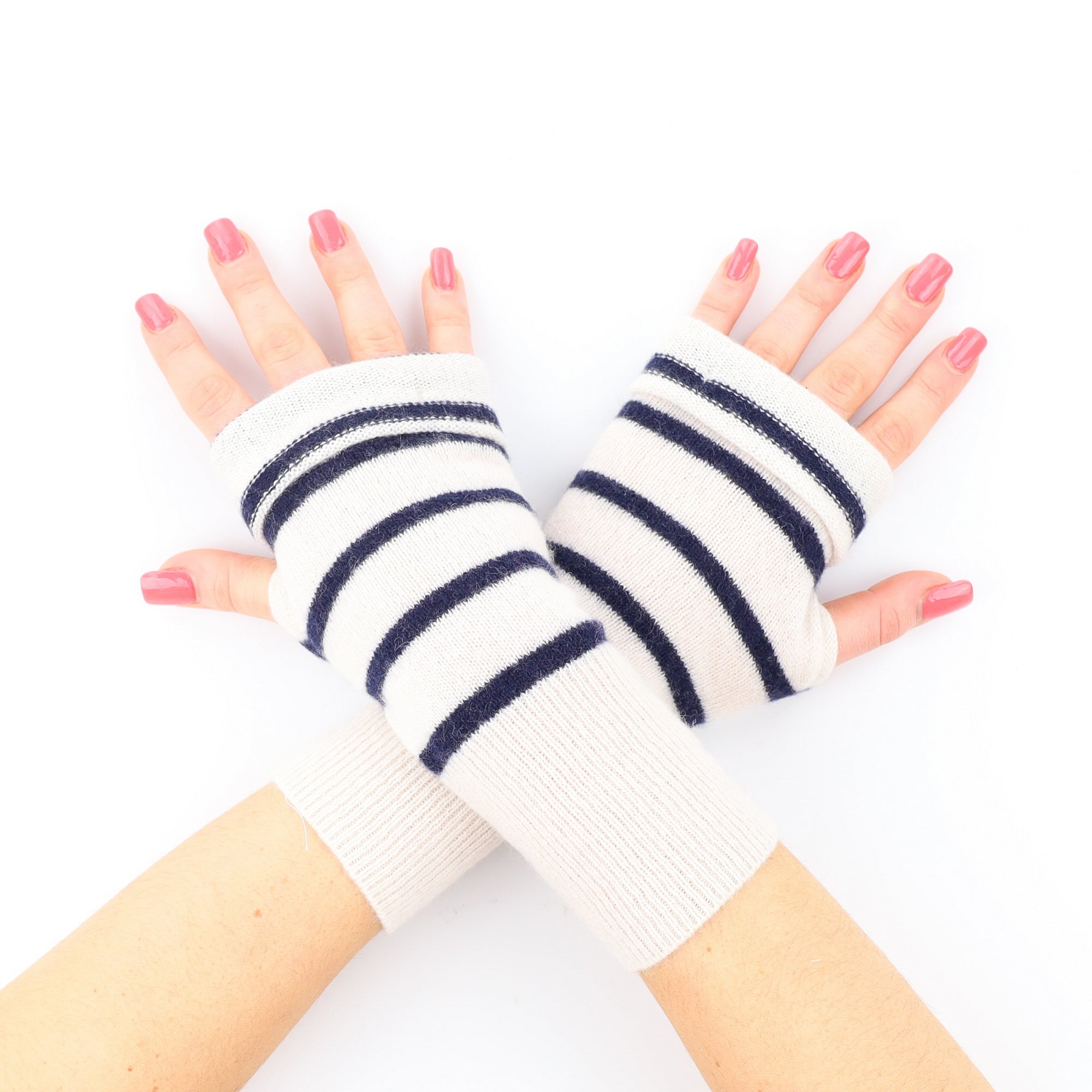 Ocean Navy and Ivory Striped Fingerless Gloves