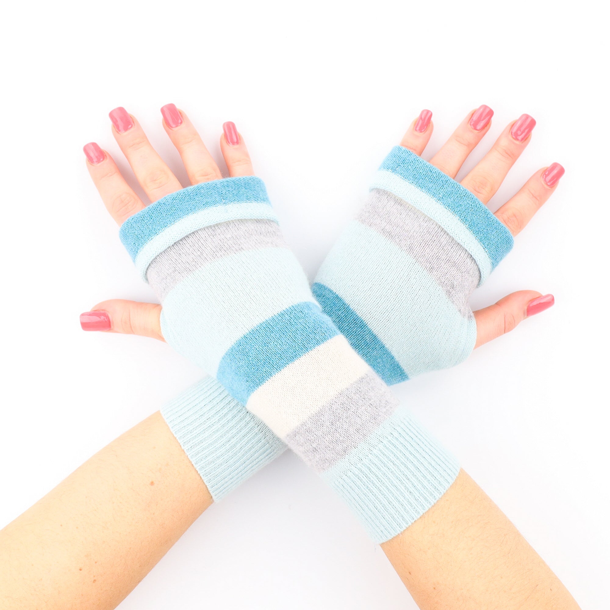 Aqua Blue, Grey and Cream Striped Fingerless Gloves