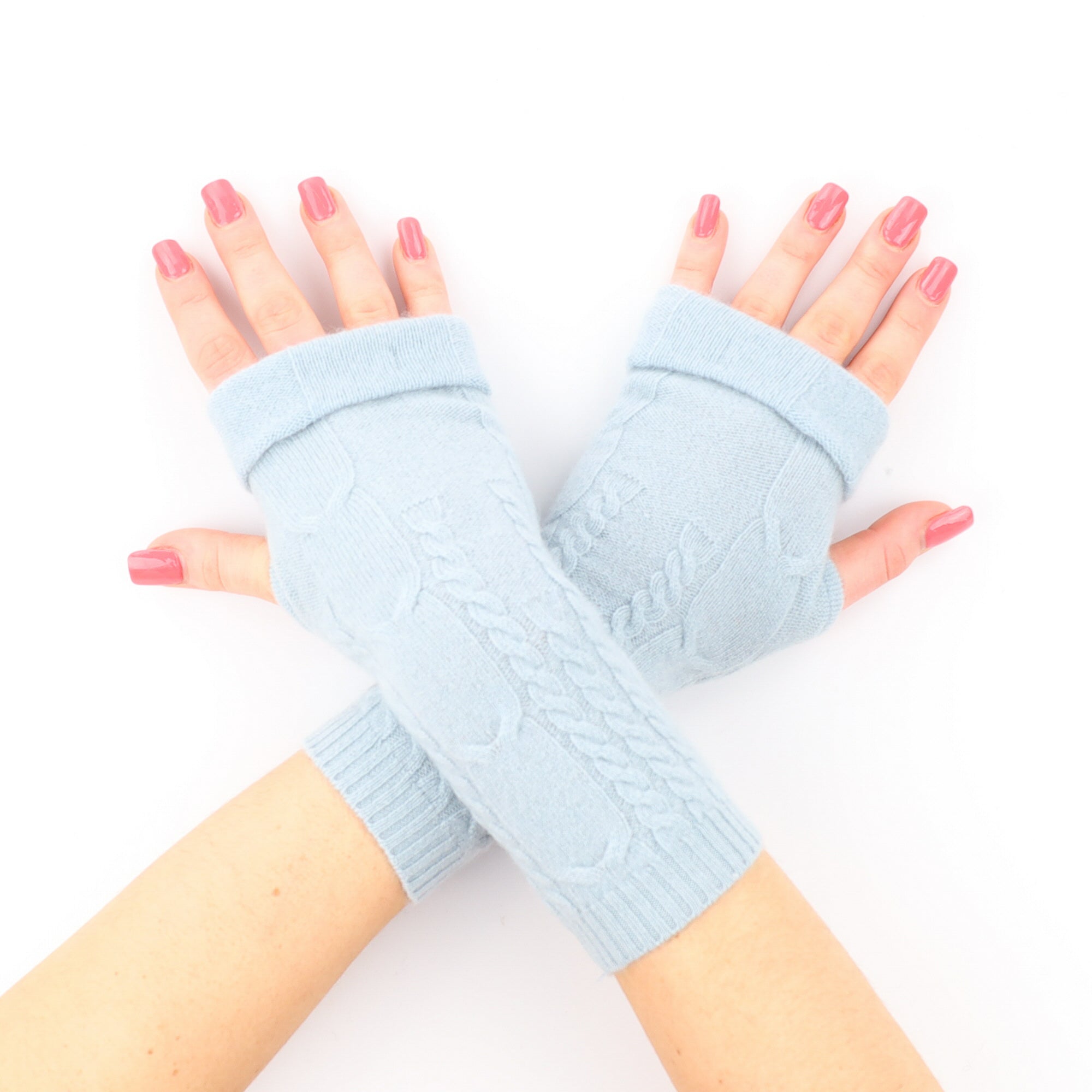Pastel Blue Cable Knit Fingerless Gloves